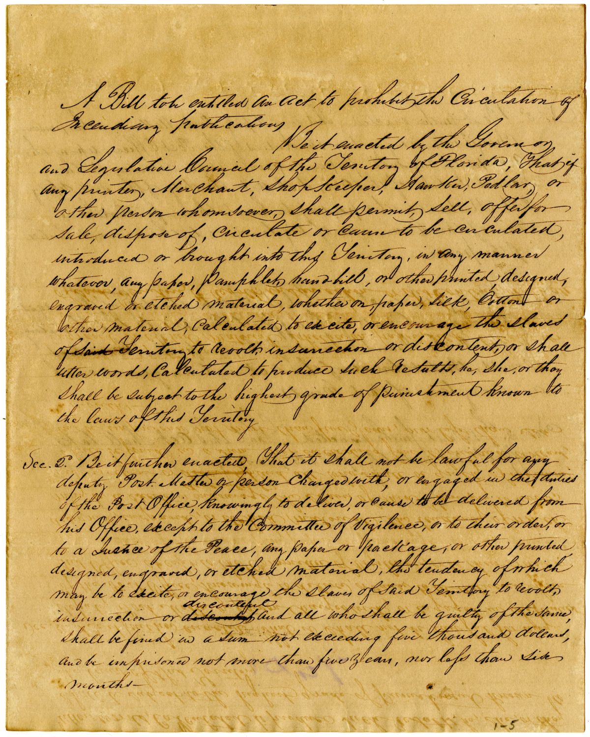 Draft of an Act to Prohibit the Circulation of Incendiary Publications, 1836