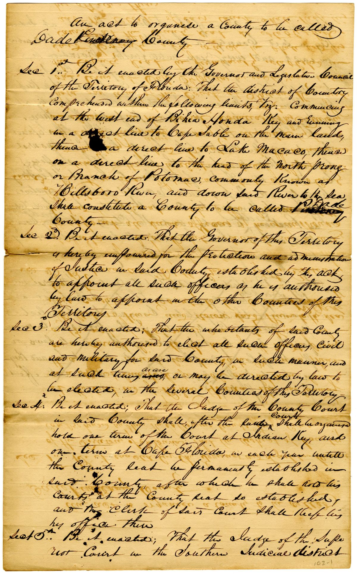 Draft of an Act to Organize a County to be Called Dade County, 1836