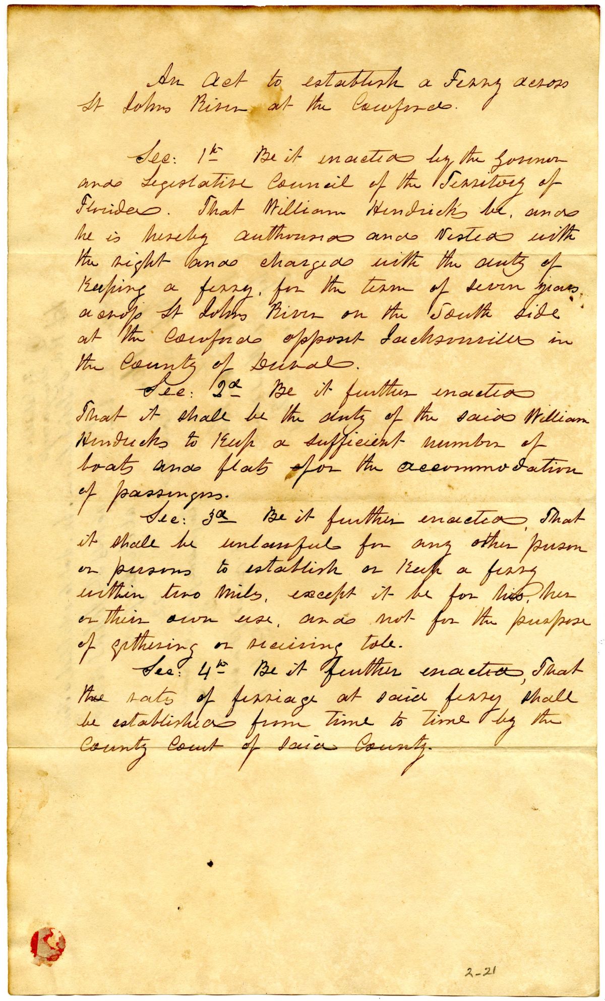 Draft of an Act to Establish a Ferry Across the Saint Johns River at the Cowford, 1837