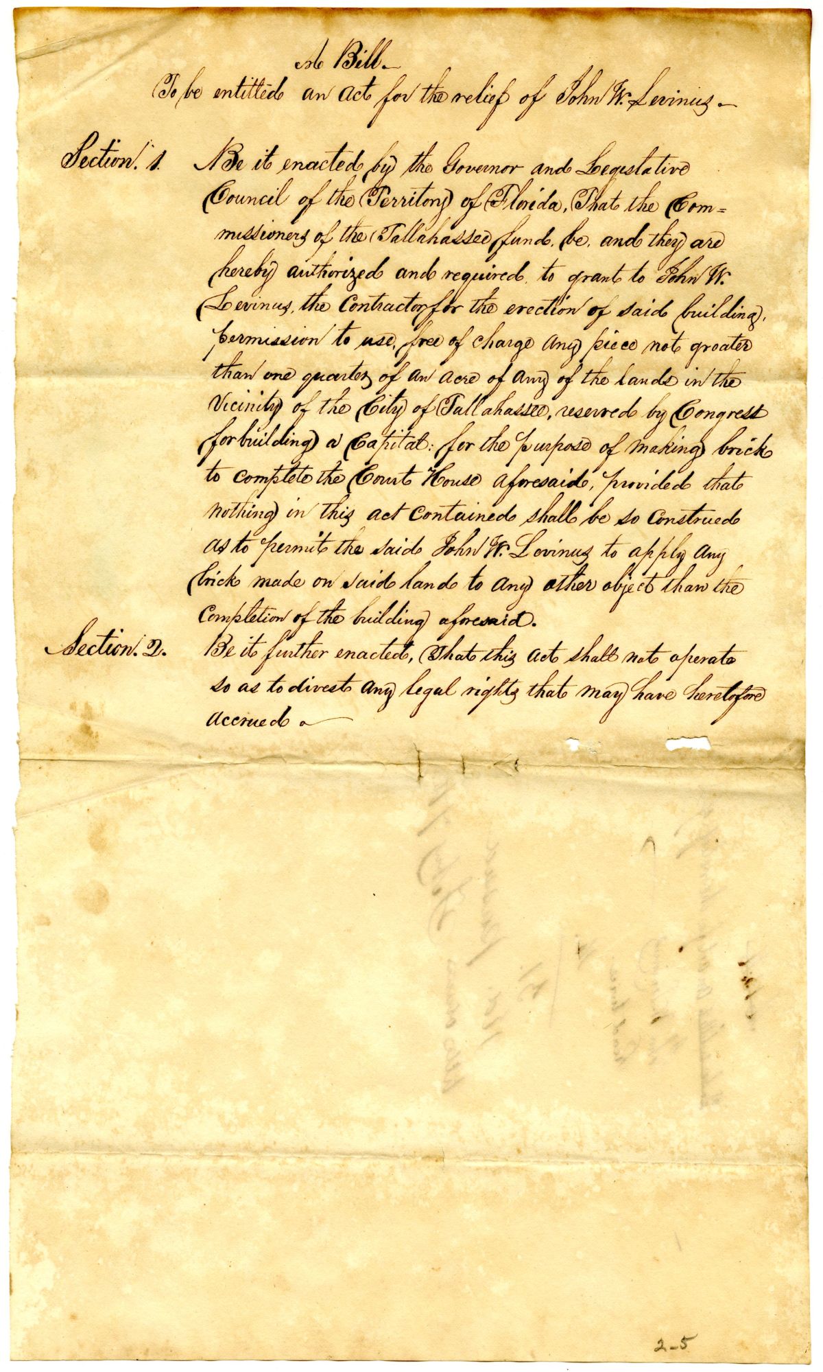 Draft of an Act for the Relief of John W. Levinus, 1837