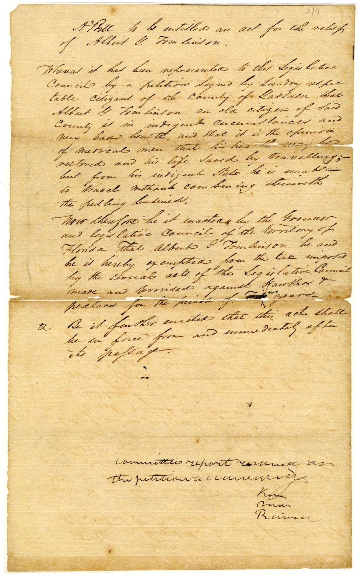 Draft of an Act for the Relief of Albert G. Tomlinson, 1836