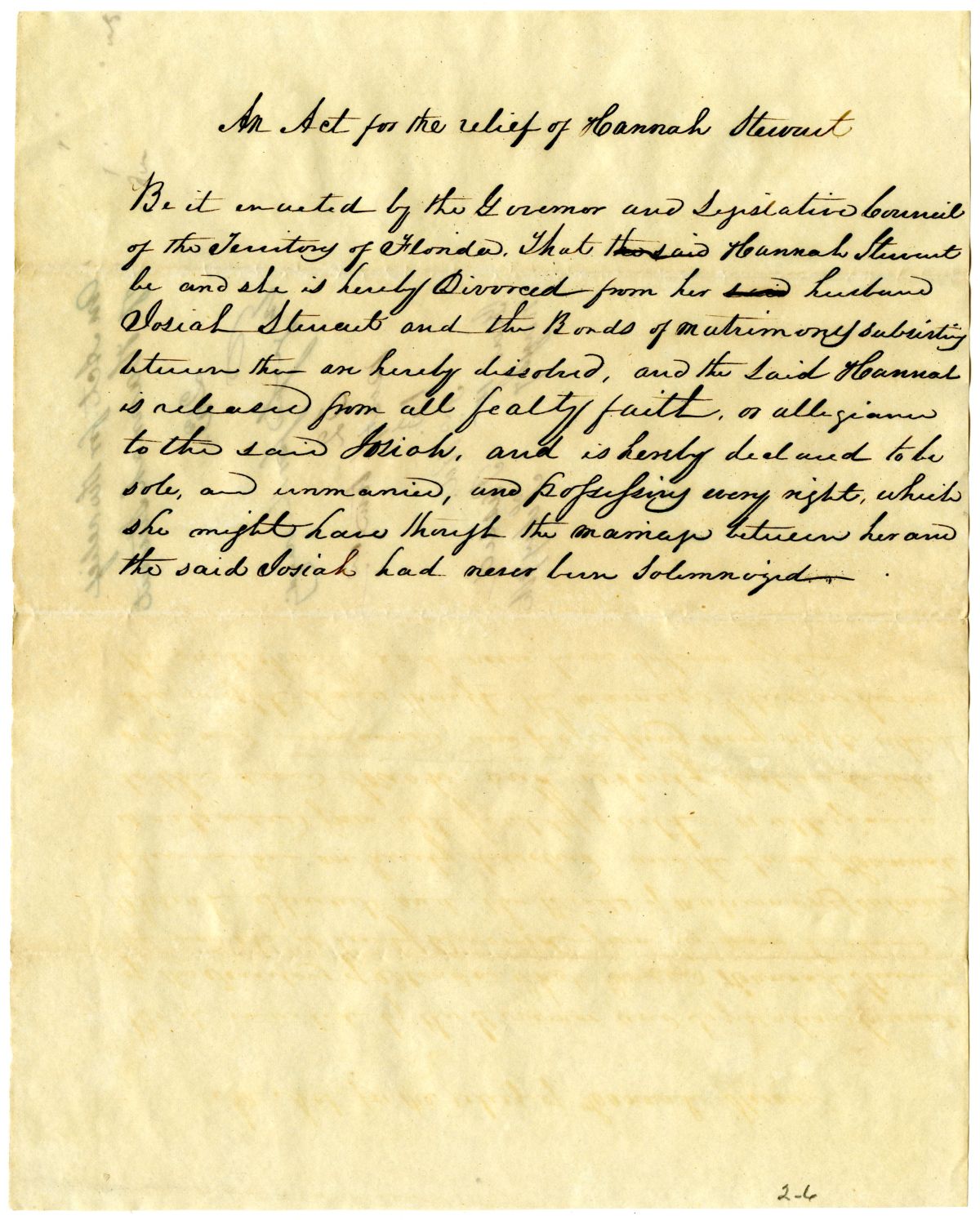 Draft of an Act for the Relief of Hannah Stewart, circa 1836