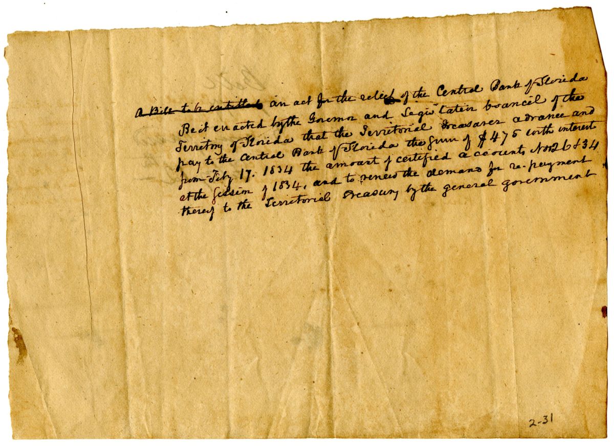 Draft of an Act for the Relief of the Central Bank of Florida, 1836