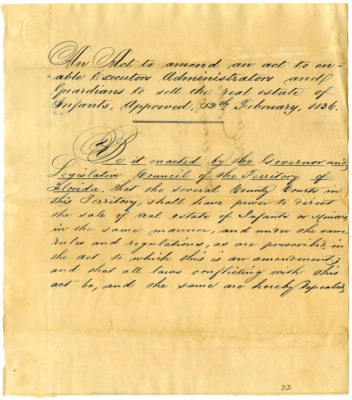 Draft of an Act to Amend an Act to Enable Executors, Administrators and Guardians to Sell the Real Estate of Infants, 1836