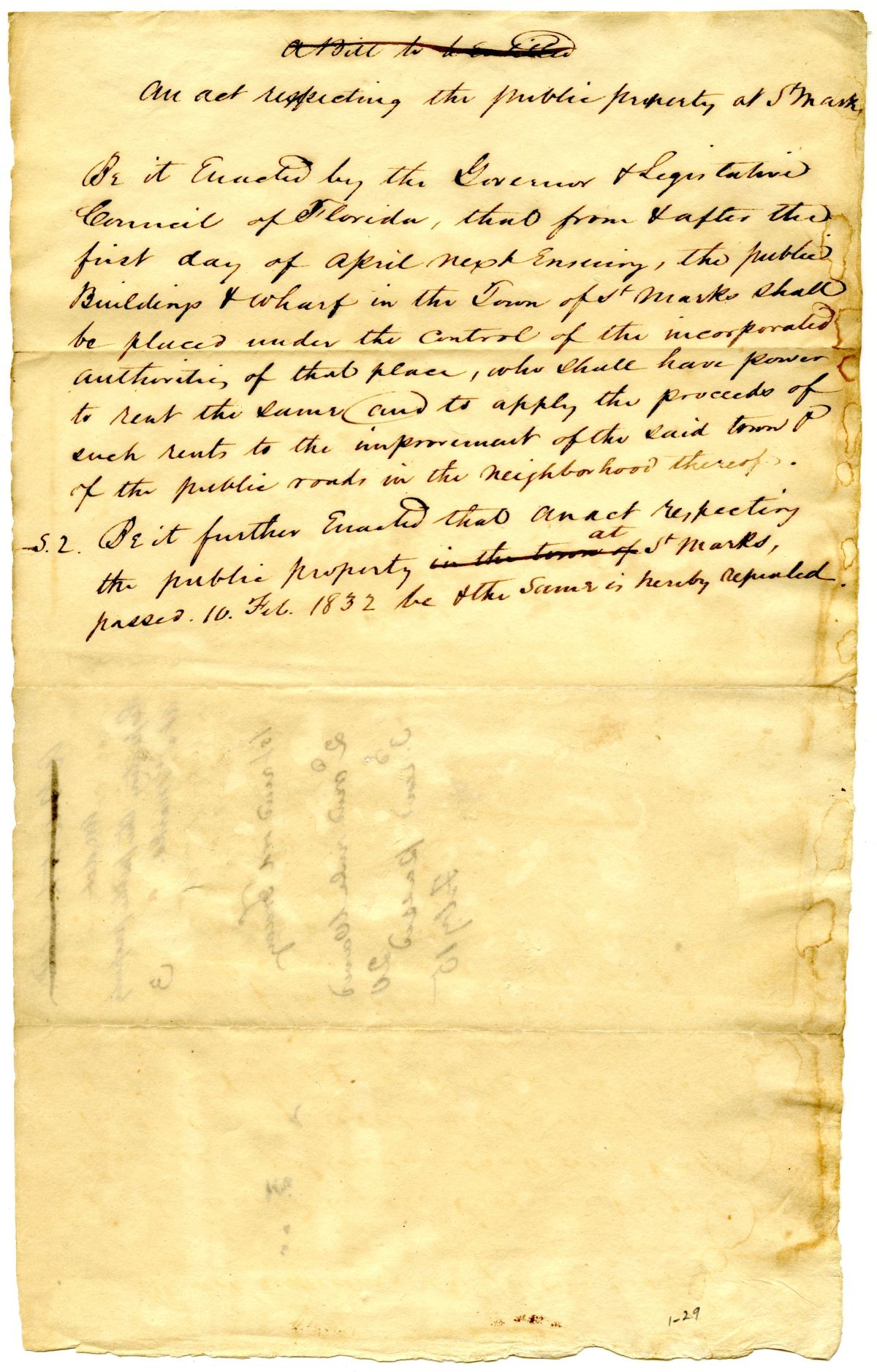 Draft of an Act Respecting the Public Property at Saint Marks, 1833