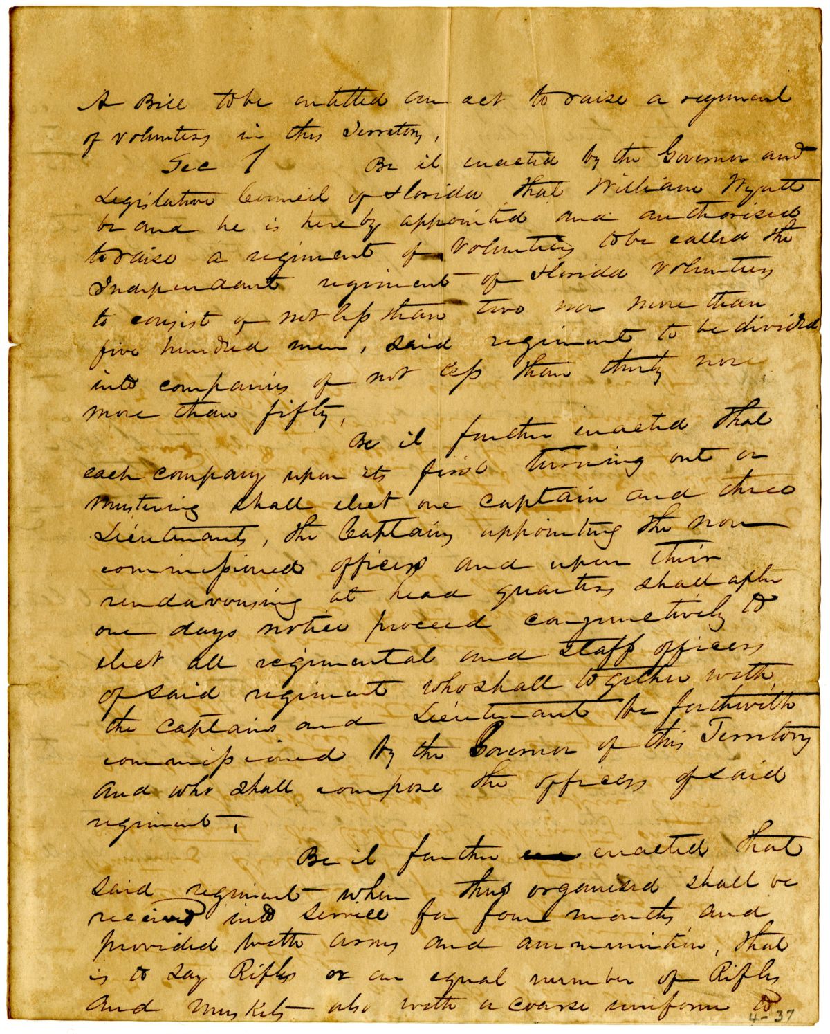 Draft of an Act to Raise a Regiment of Volunteers in this Territory, circa 1836