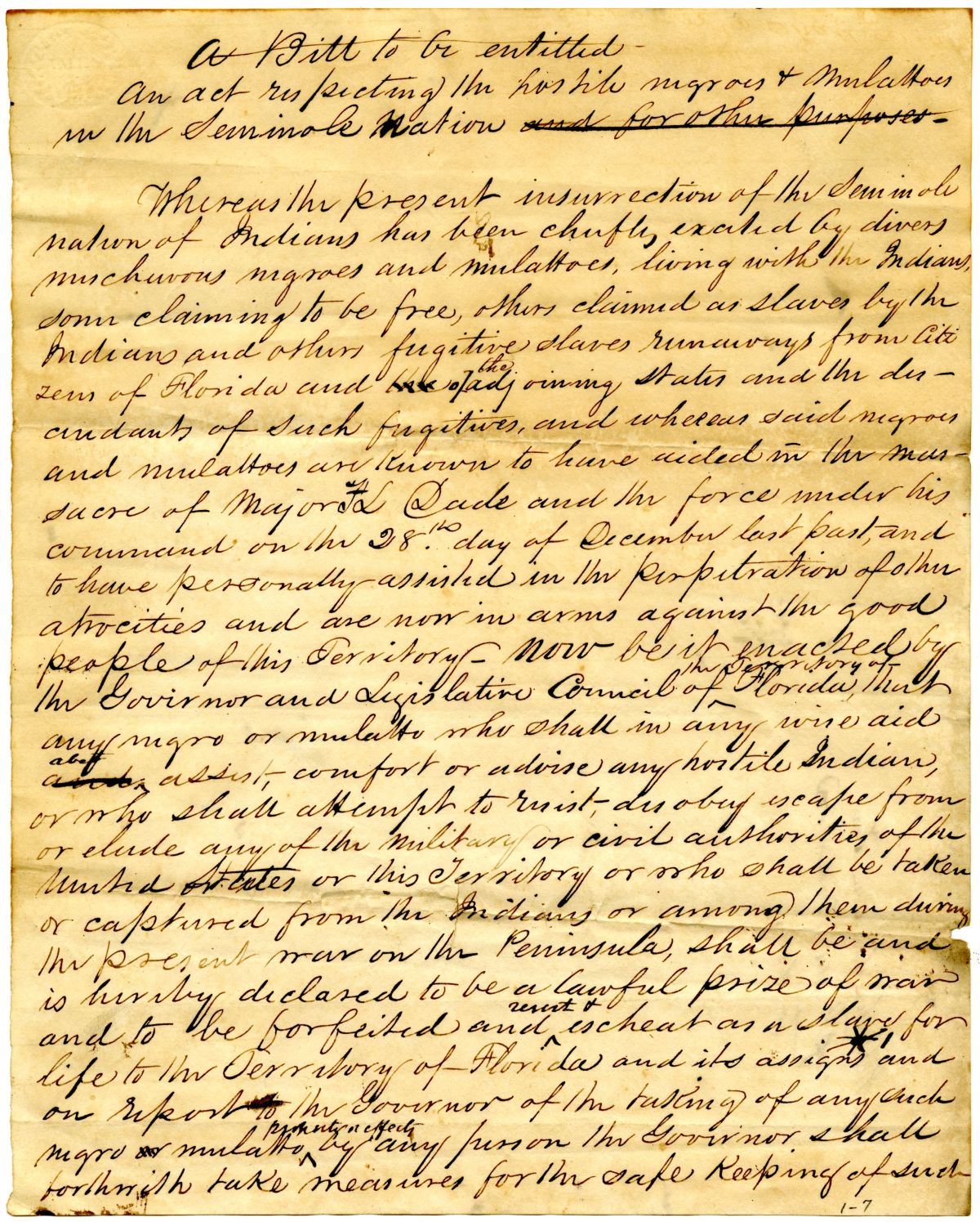 Draft of an Act Respecting the "Hostile Negroes and Mulattoes" in the Seminole Nation, 1836