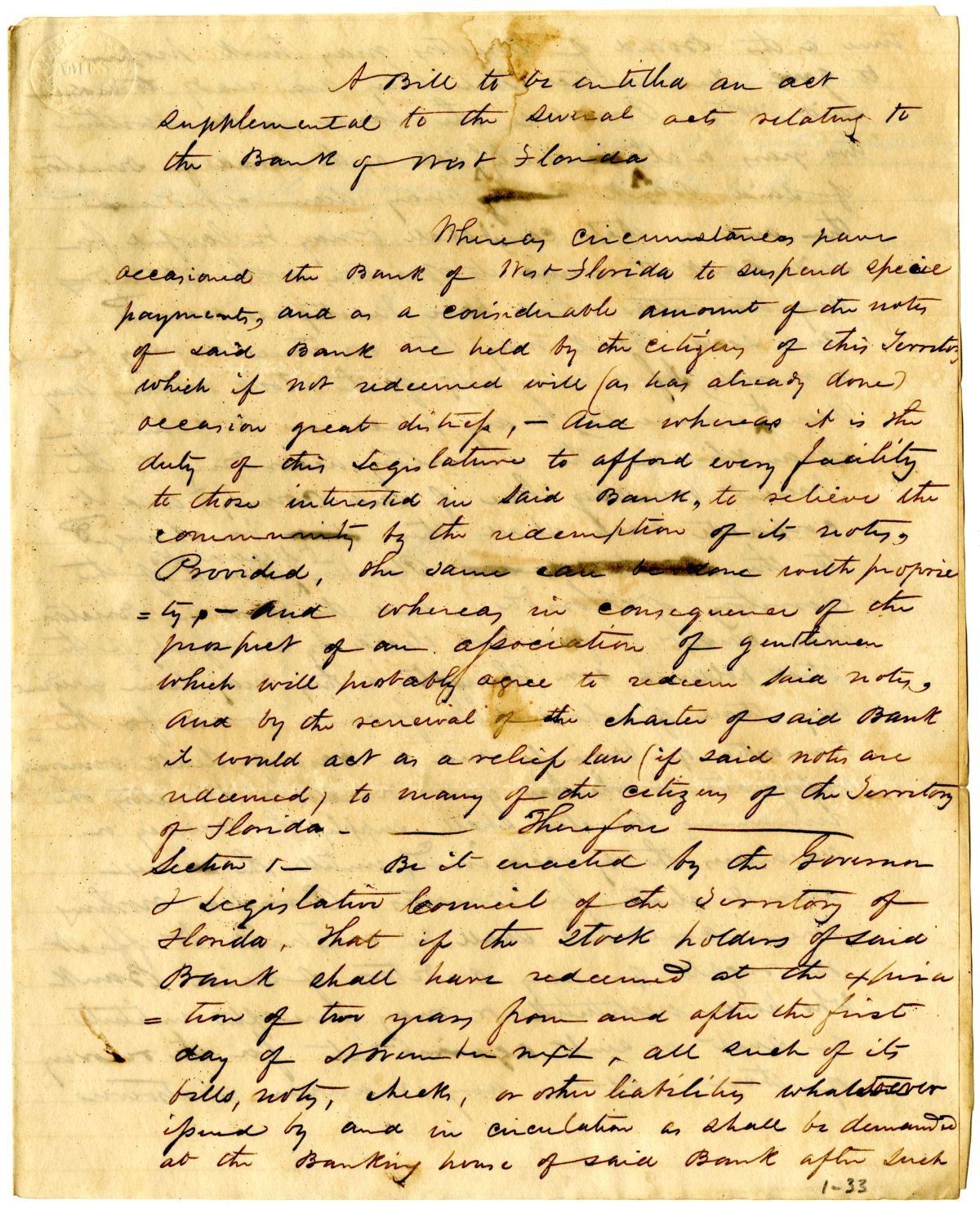 Draft of an Act Supplemental to the Several Acts Relating to the Bank of West Florida, circa 1836