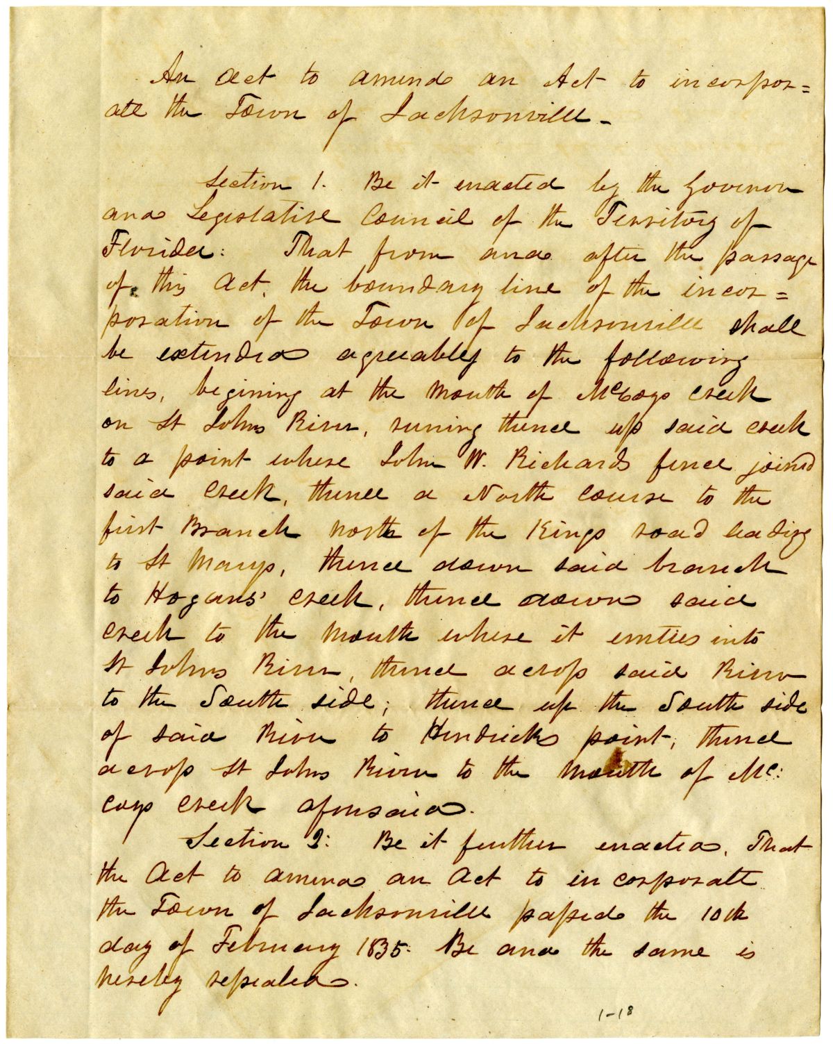 Draft of an Act to Amend an Act to Incorporate the Town of Jacksonville, 1837