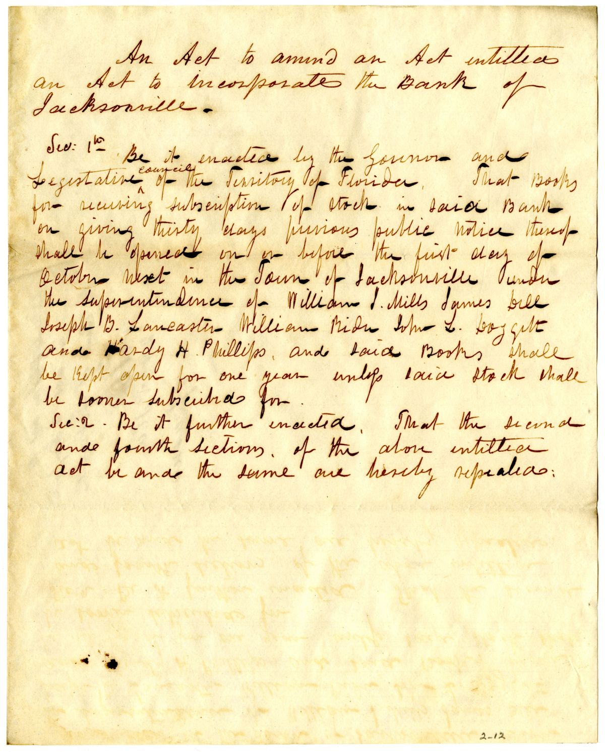 Draft of an Act to Amend an Act to Incorporate the Bank of Jacksonville, 1837