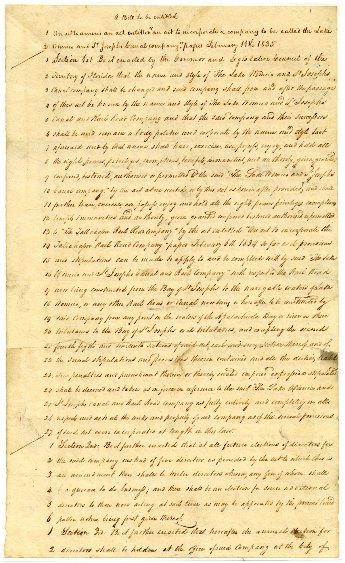 Draft of an Act to Amend an Act to Incorporate the Lake Wimico and Saint Joseph Canal Company, 1836