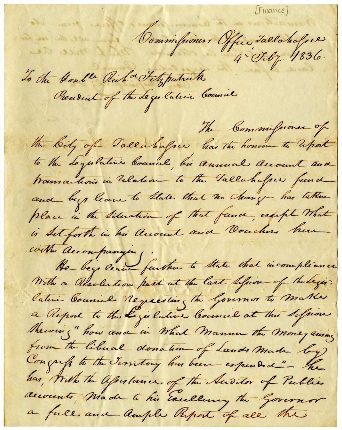 Letter from Willis Alston to Richard Fitzpatrick Concerning the Tallahassee Fund, 1836