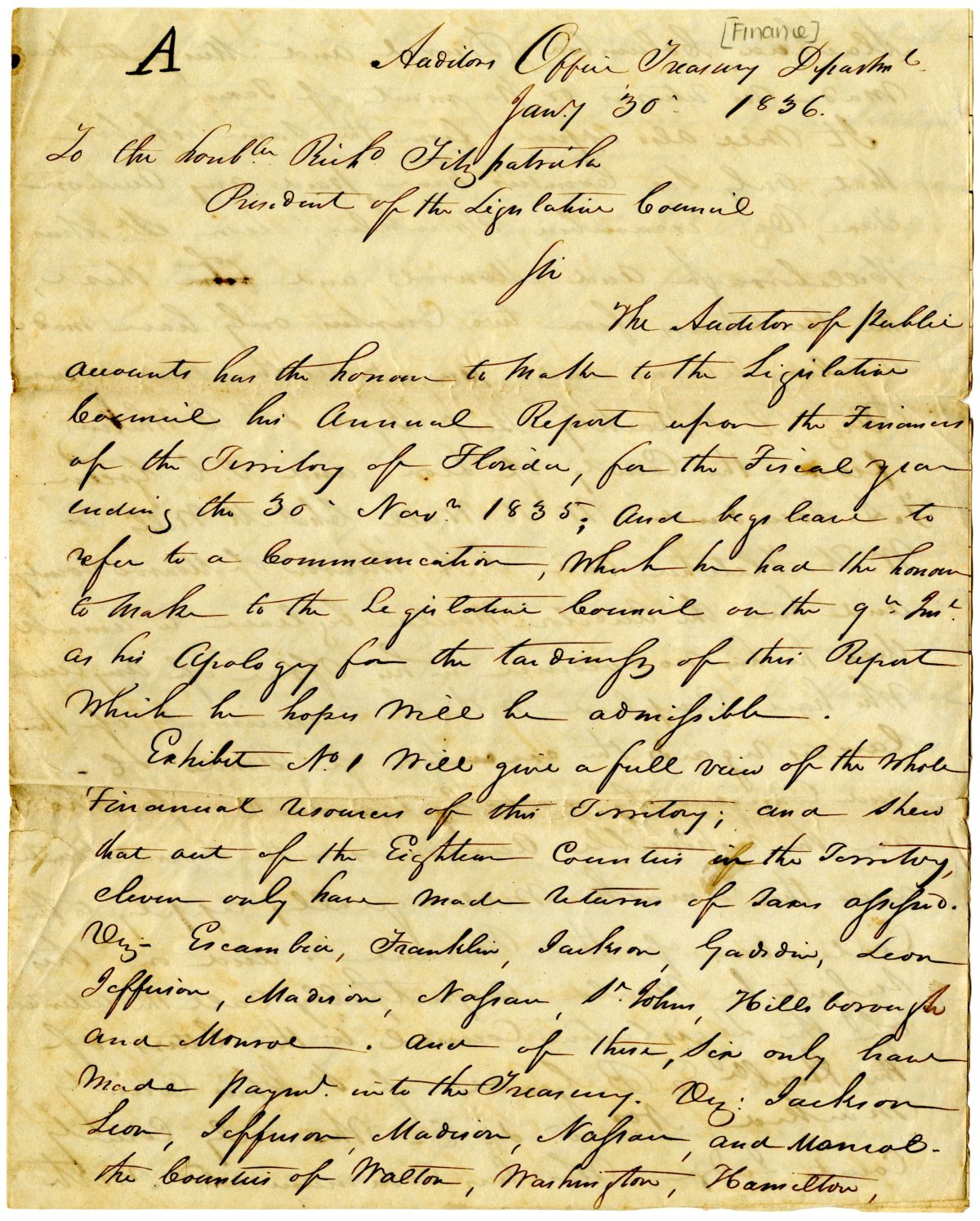 Letter from Territorial Auditor Thomas Brown to the President of the Territorial Legislative Council, 1836