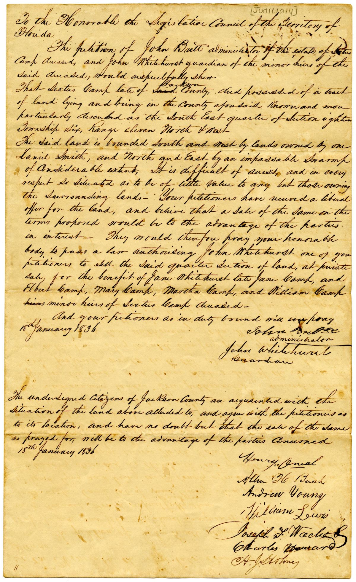 Petition of John Brett Requesting to Sell Land Belonging to the Estate of Sextus Camp, 1836