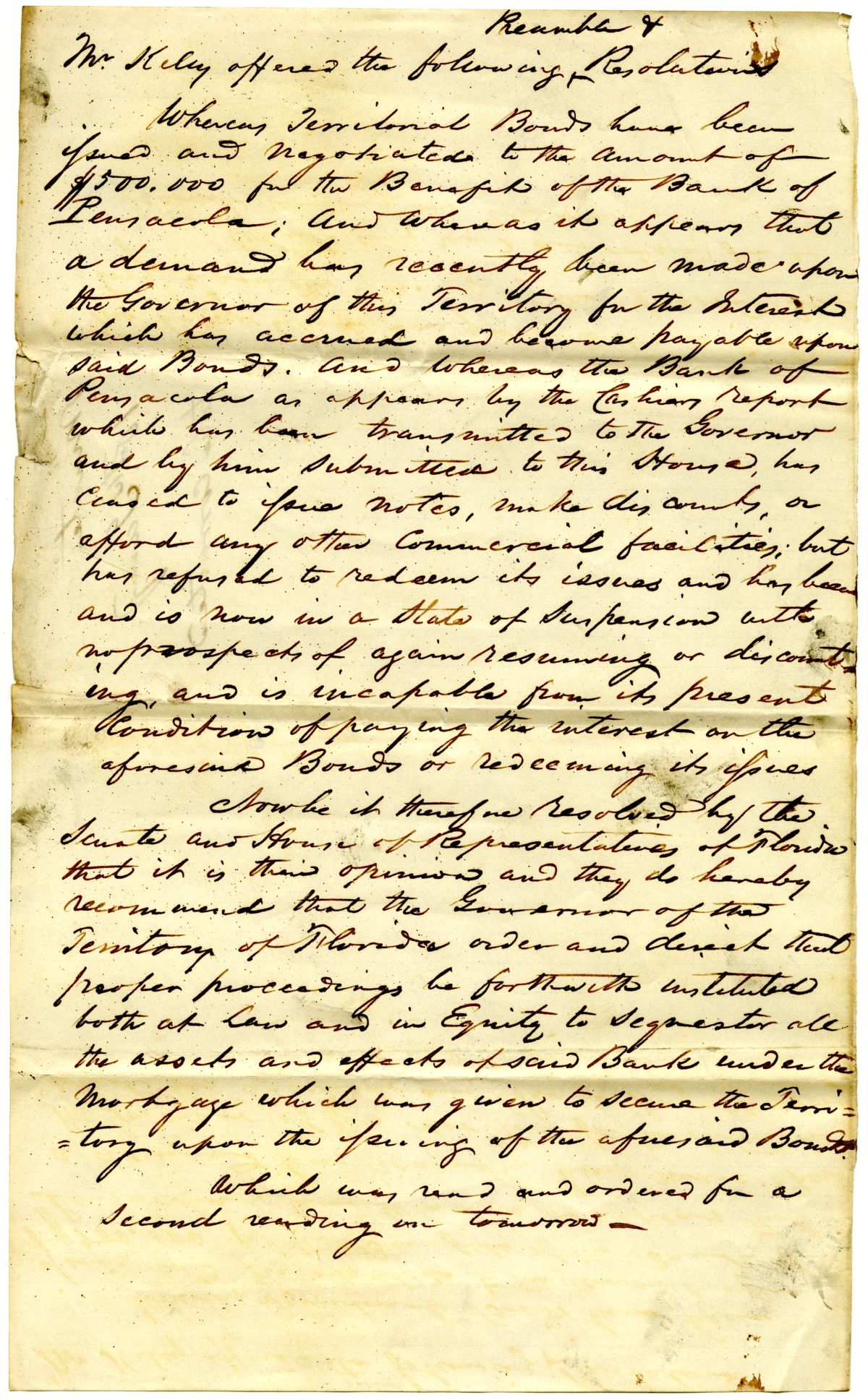 Excerpt from the Journal of the Florida Territorial Legislative Council, circa 1842