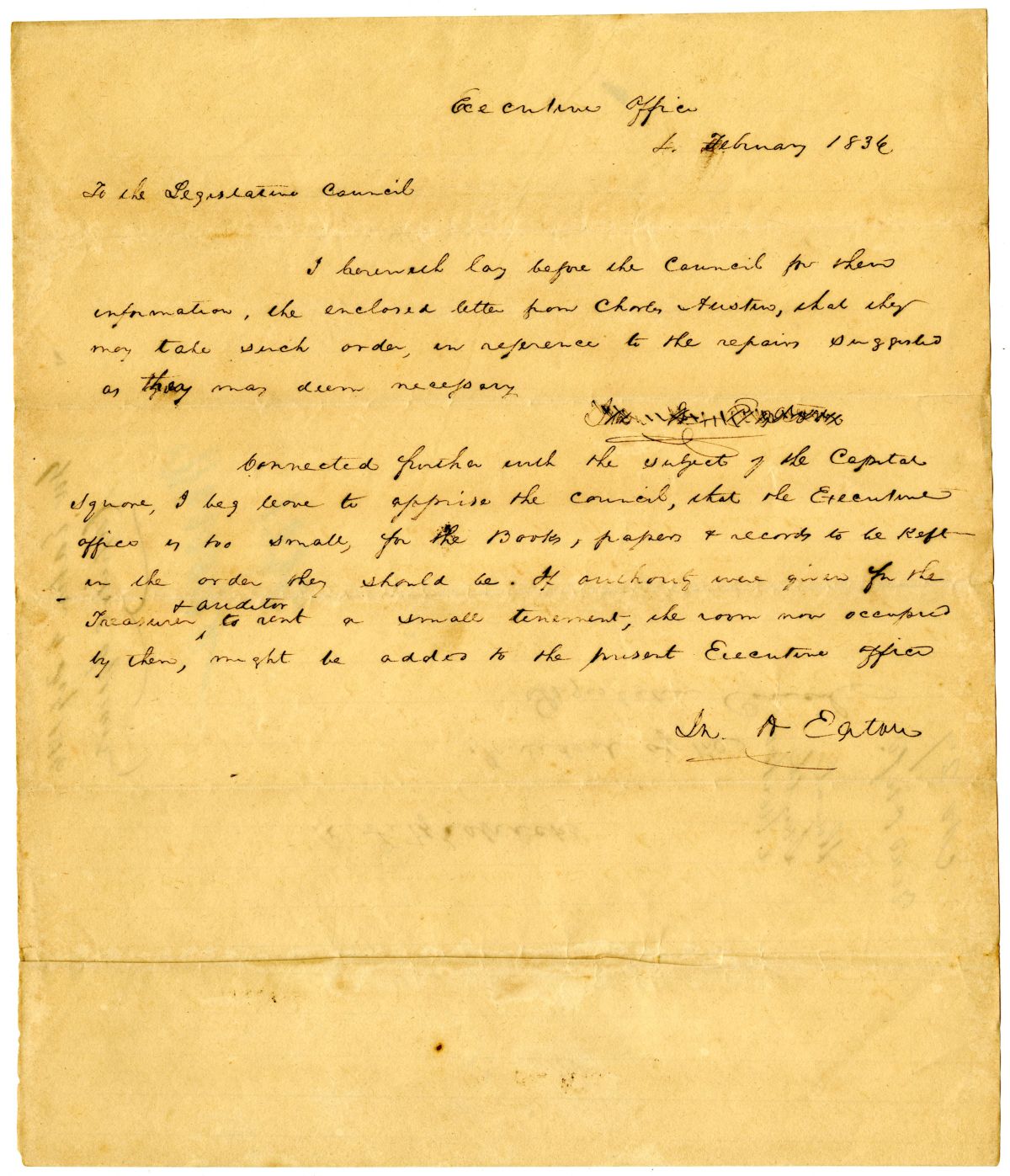 Letter from Governor John Eaton to the Territorial Legislative Council Concerning the Capitol Square and Executive Office, 1836