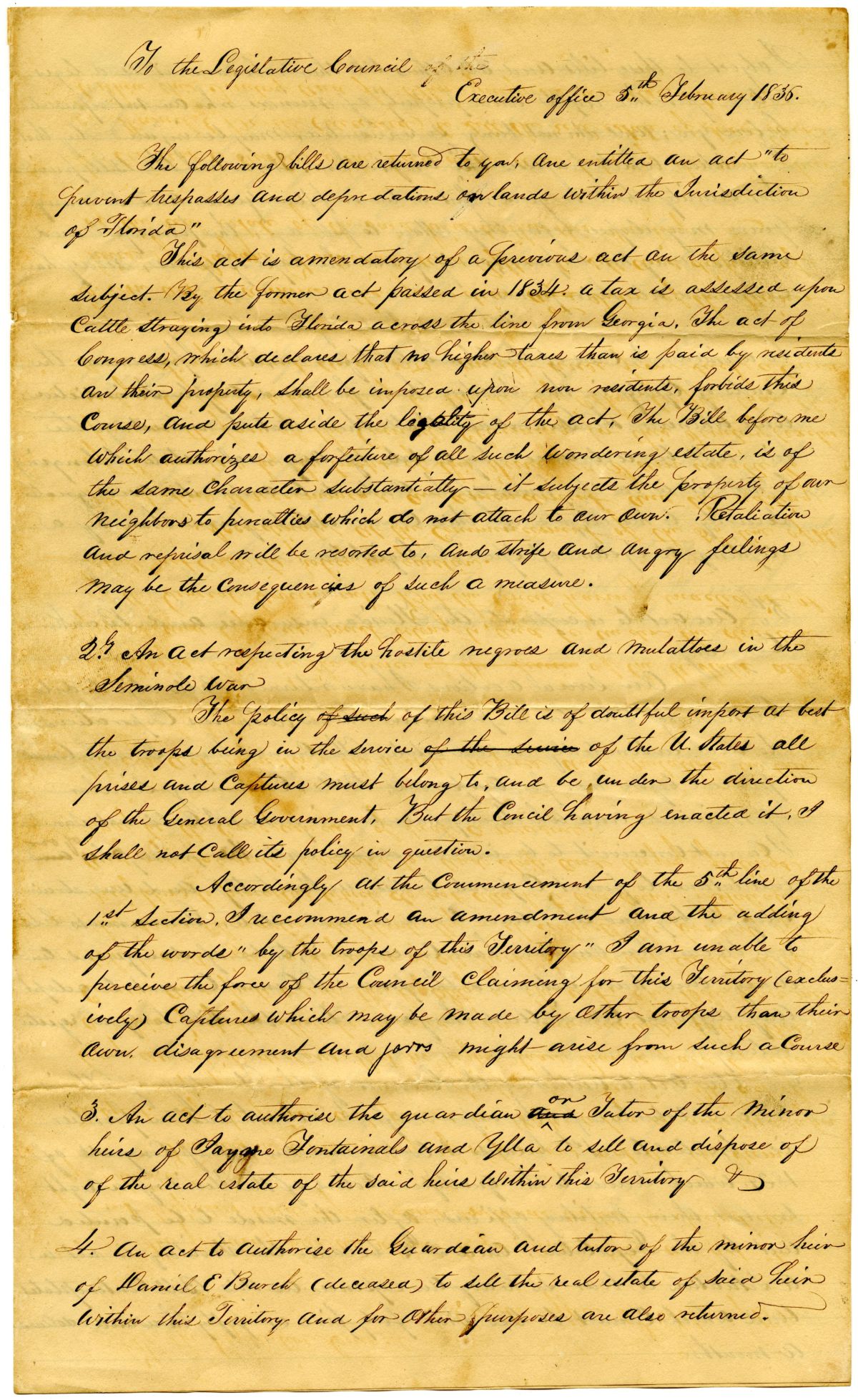 Letter from Governor John Eaton to the Territorial Legislative Council Objecting to Several Bills, 1836