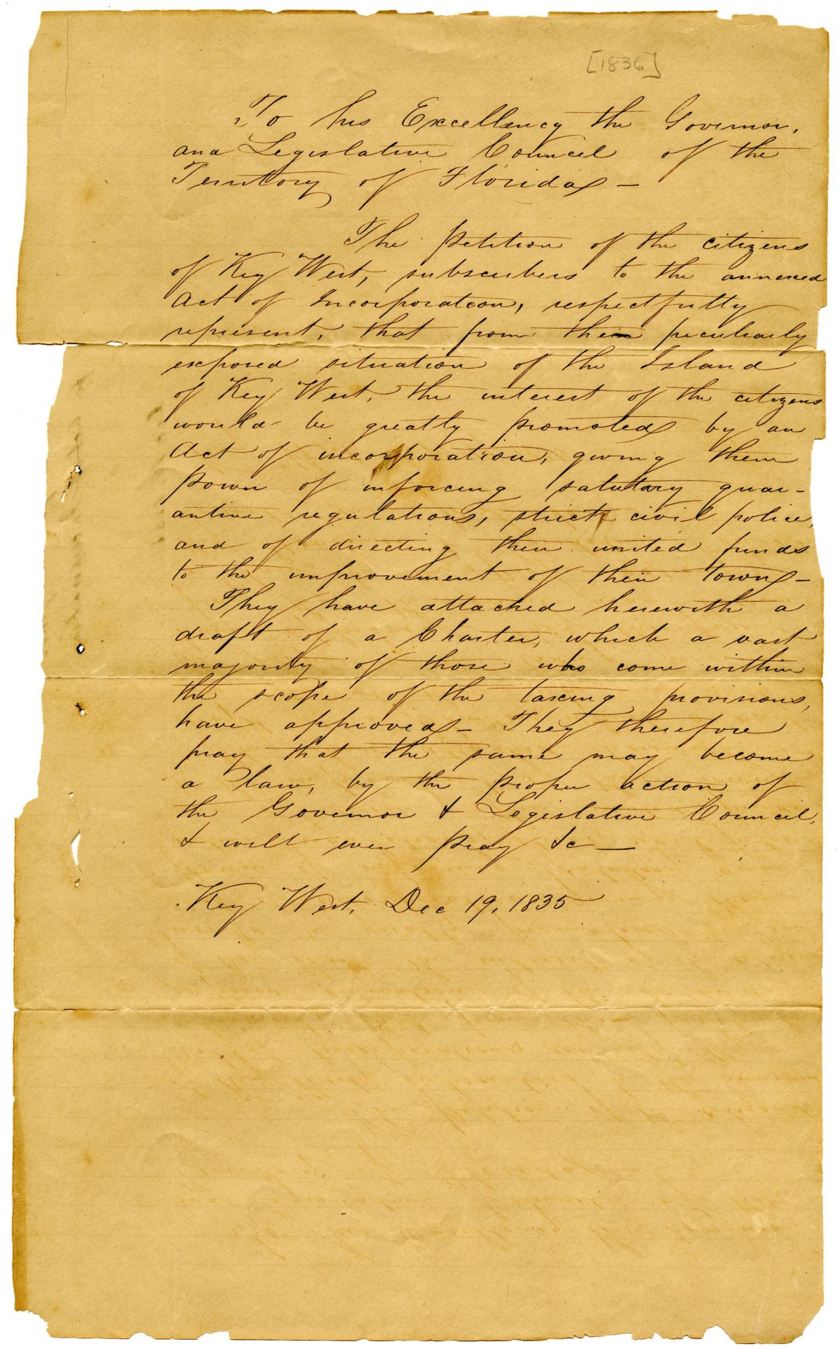 Petition of Citizens Requesting an Act of Incorporation for Key West, 1835