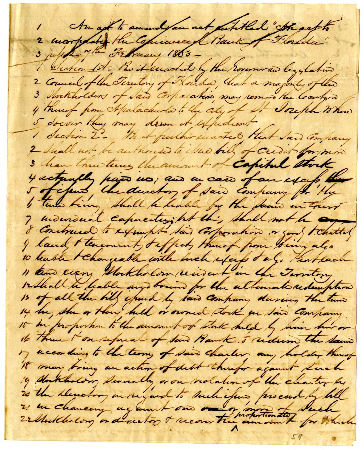 Draft of an Act to Amend an Act to Incorporate the Commercial Bank of Florida, circa 1837