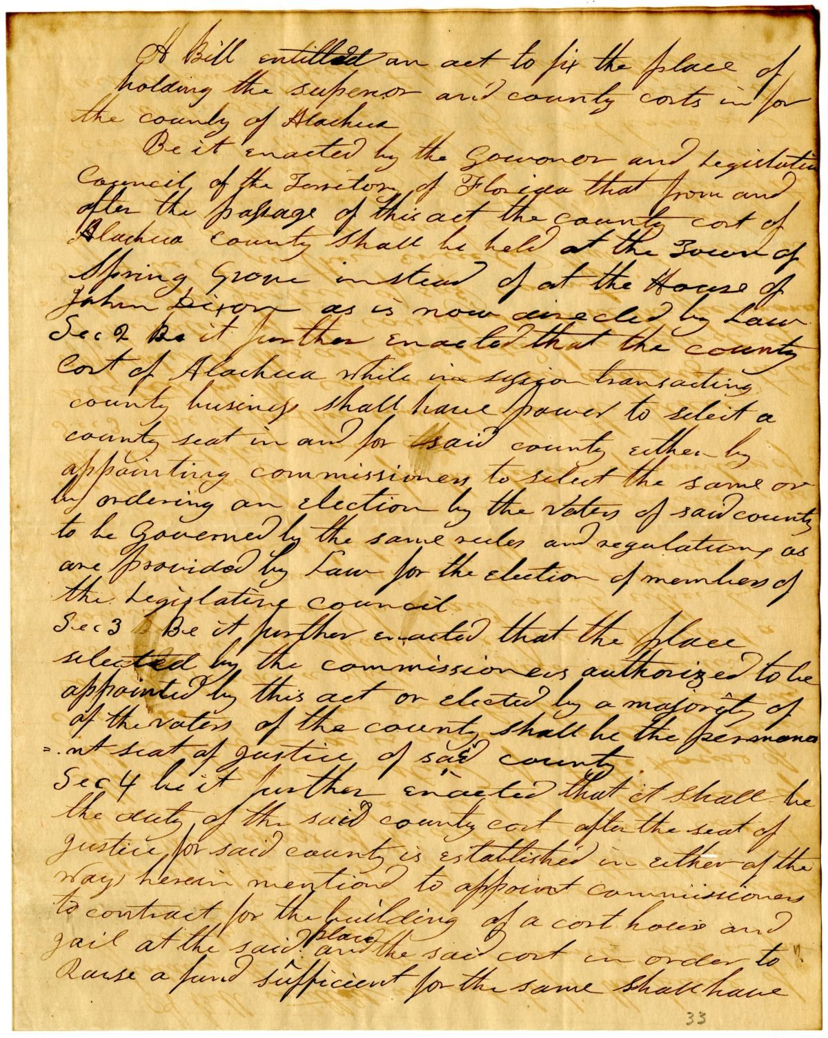 Draft of an Act to Fix the Place of Holding the Superior and County Courts in the County of Alachua, 1836