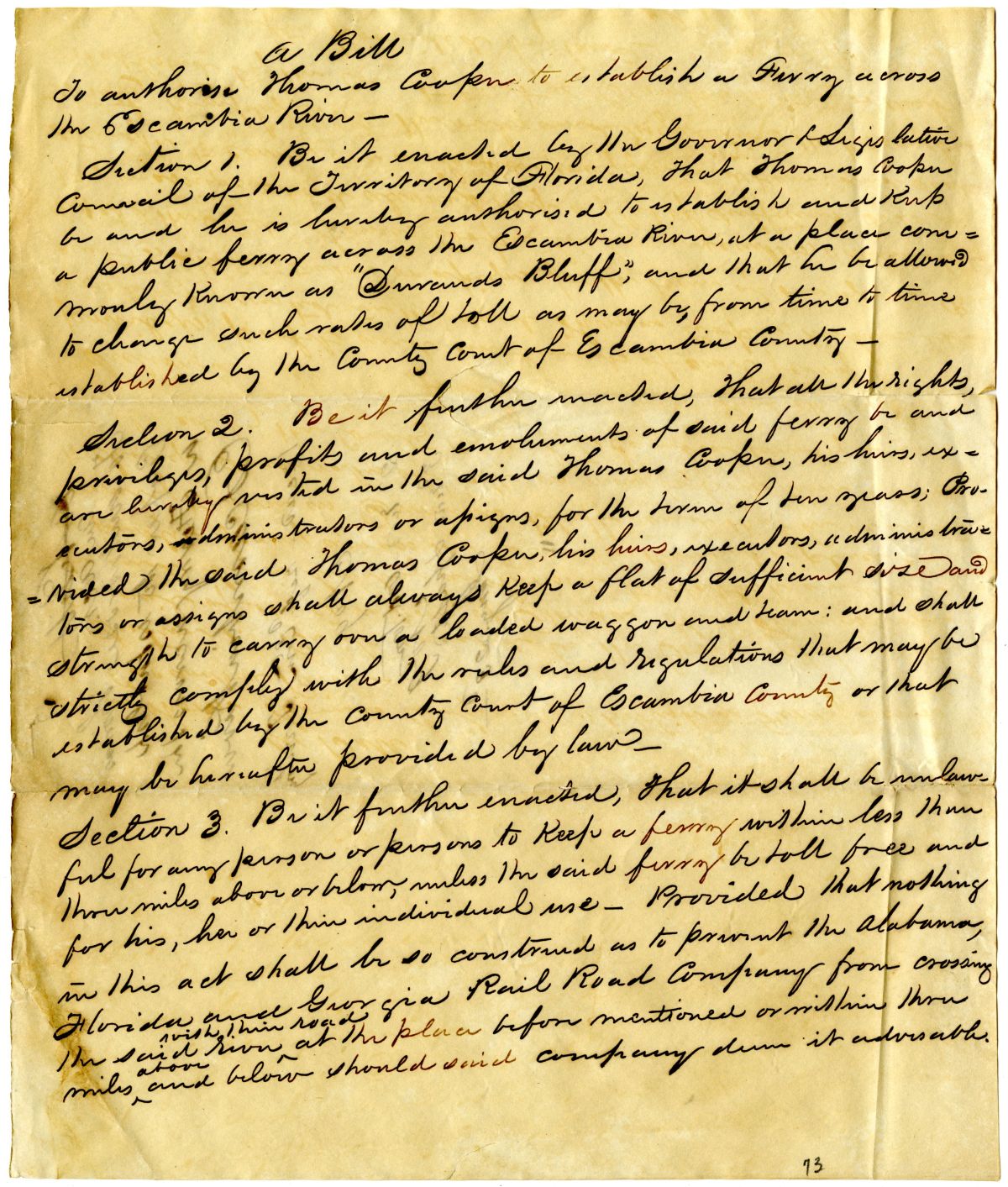 Draft of an Act to Authorize Thomas Cooper to Establish a Ferry Across the Escambia River, 1836