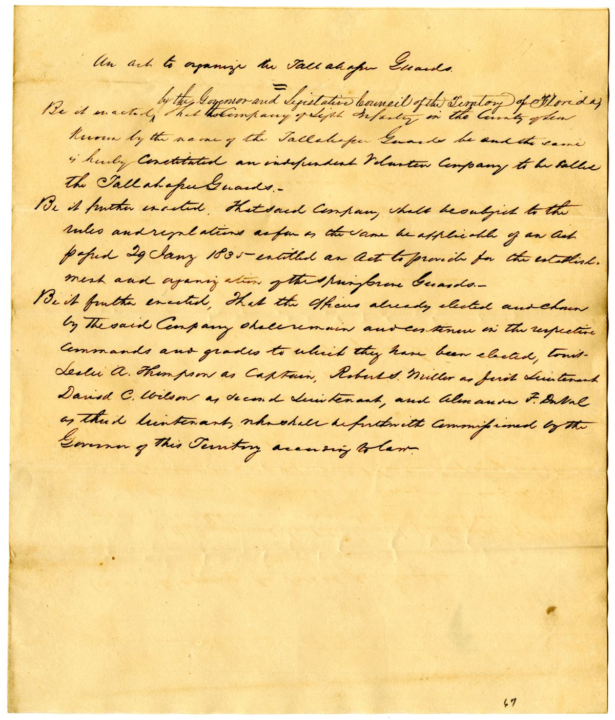 Draft of an Act to Organize the Tallahassee Guards, 1836