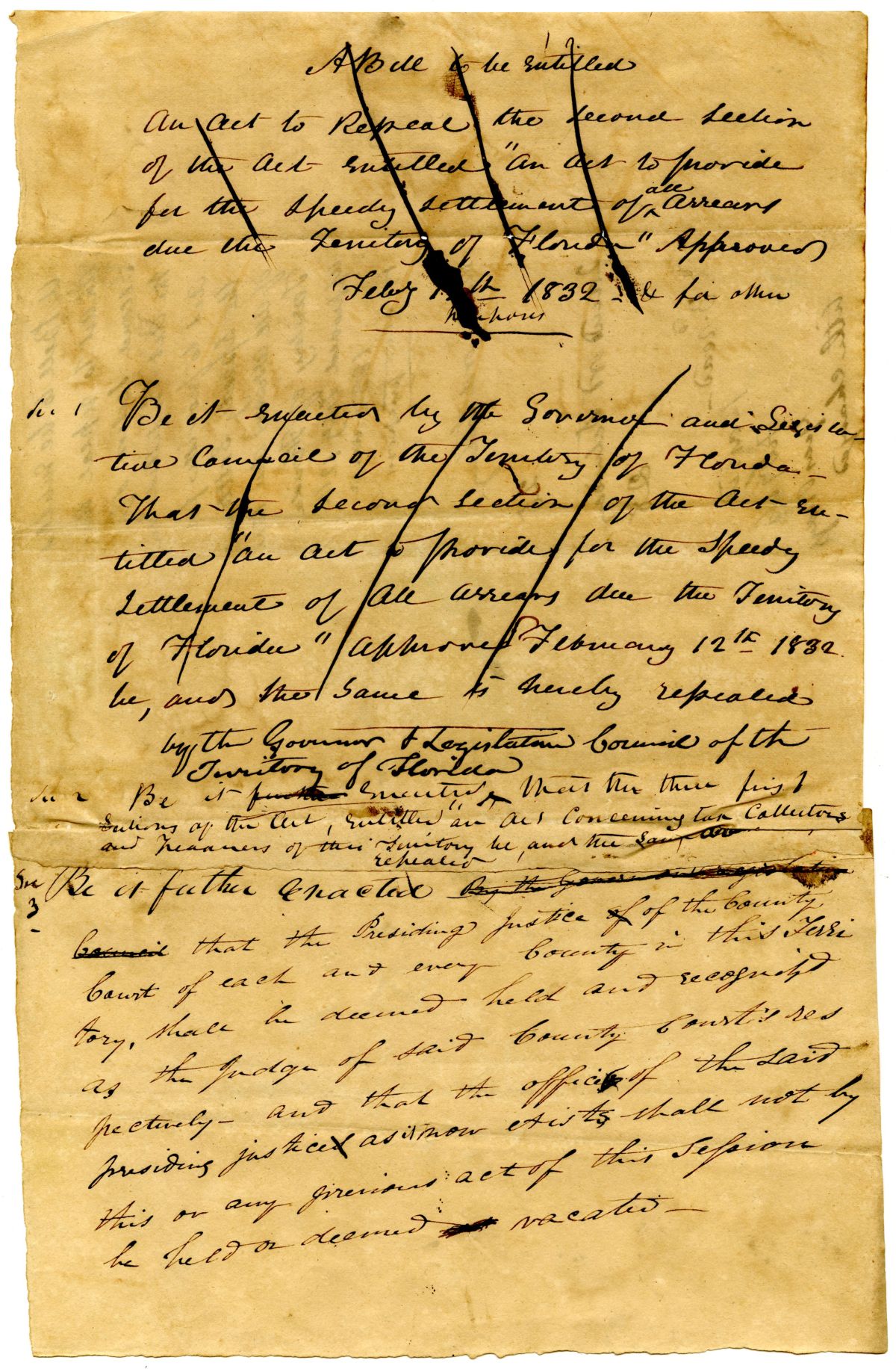 Draft of an Act to Repeal the Second Section of an Act to Provide for the Speedy Settlement of Arrears, circa 1833