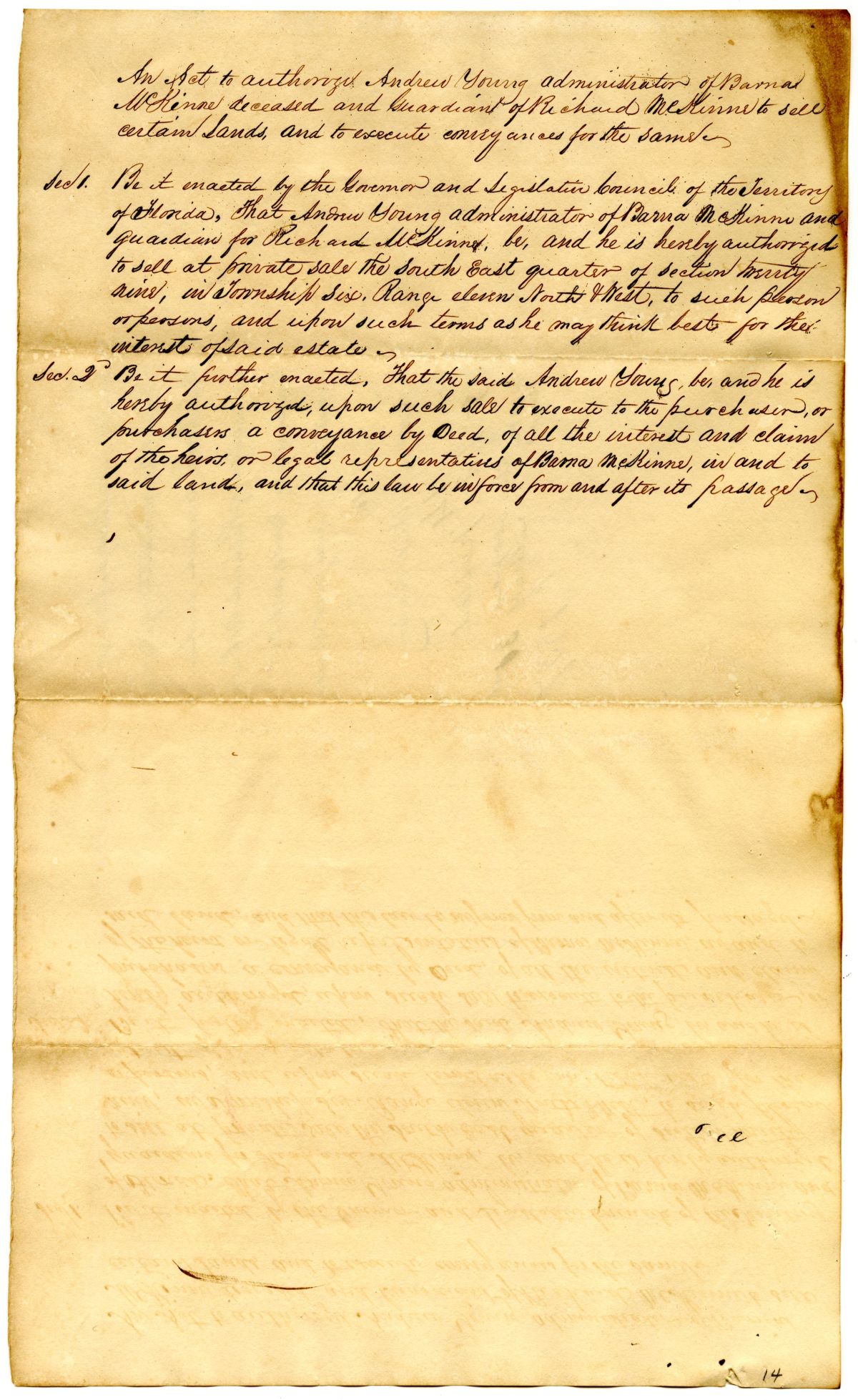 Draft of an Act to Authorize Andrew Young to Sell Land Belonging to the Estate of Barna McKinne, 1837