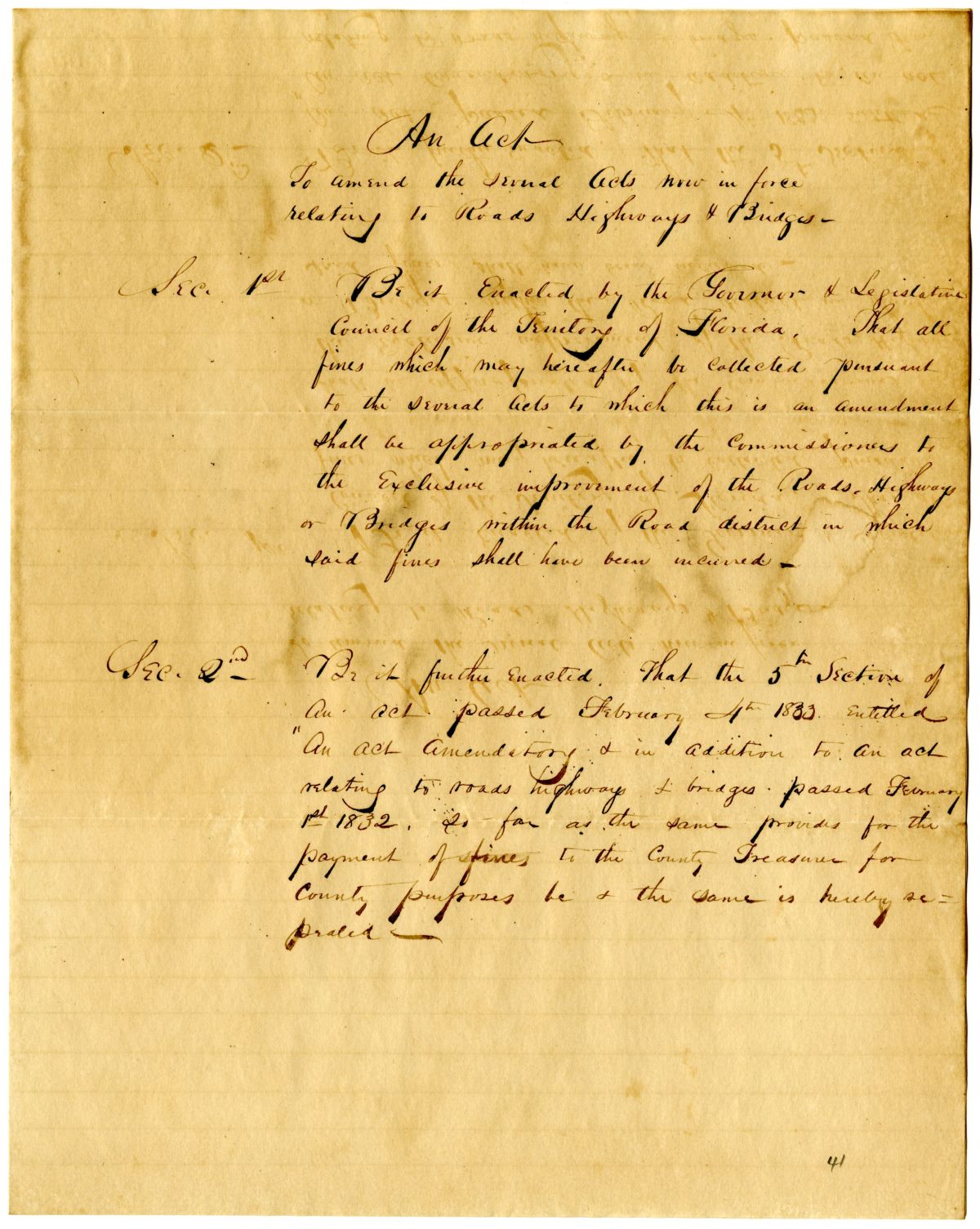 Draft of an Act to Amend the Several Acts Now in Force Relating to Roads, Highways and Bridges, 1836