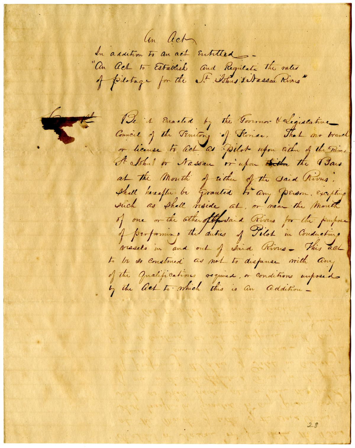 Draft of an Act in Addition to an Act to Establish and Regulate the Rates of Pilotage for the Saint Johns and Nassau Rivers, 1836