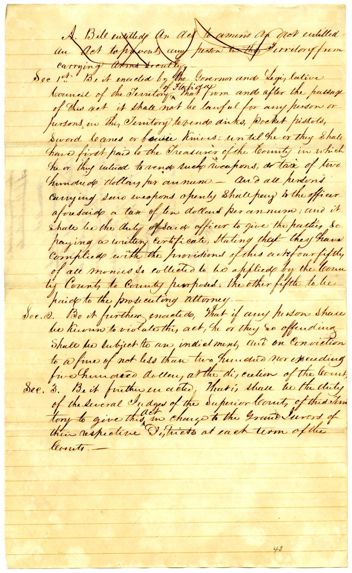 Draft of an Act to Amend an Act to Prevent Any Person in this Territory from Carrying Arms Secretly, 1838