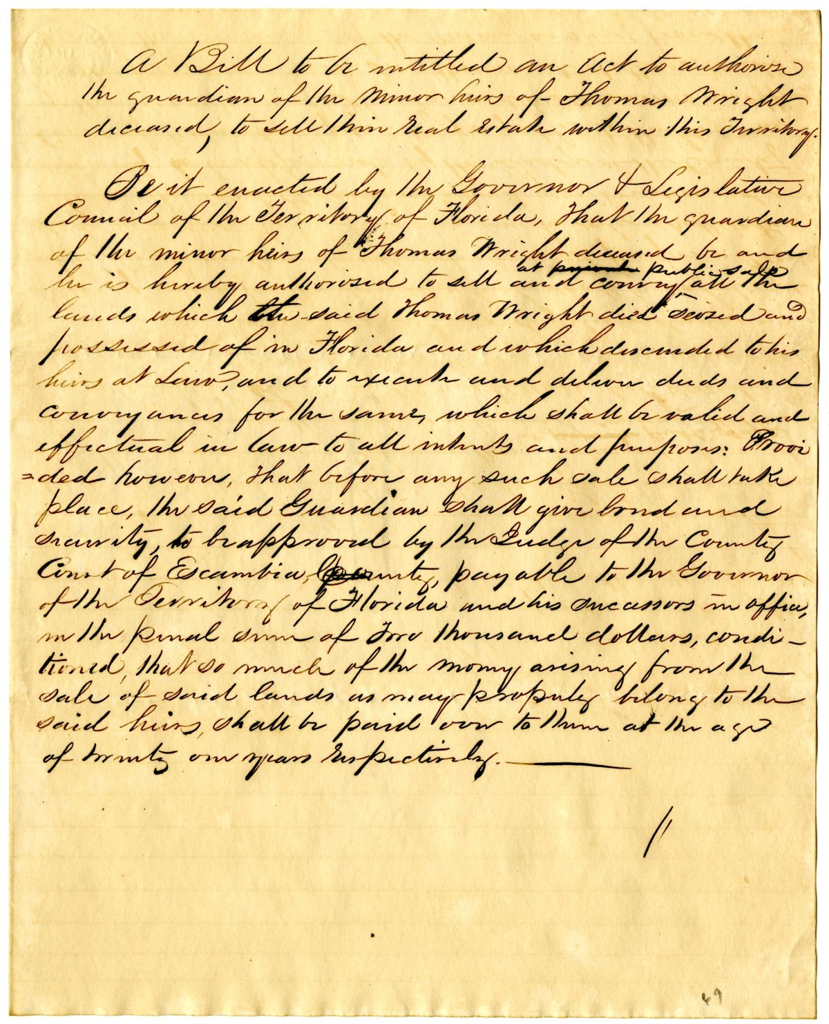 Draft of an Act to Authorize the Guardian of the Heirs of Thomas Wright to Sell Their Real Estate, circa 1836