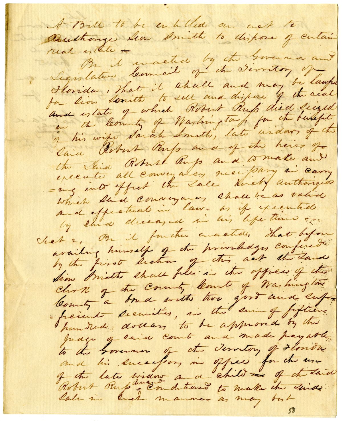 Draft of an Act to Authorize Sion Smith to Dispose of Certain Real Estate, circa 1837