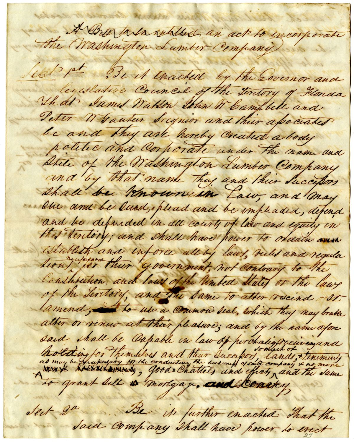 Draft of an Act to Incorporate the Washington Lumber Company, 1837