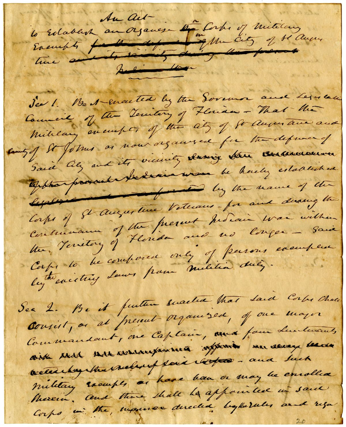 Draft of an Act to Establish and Organize a Corps of Military Exempts in the City of Saint Augustine, 1836