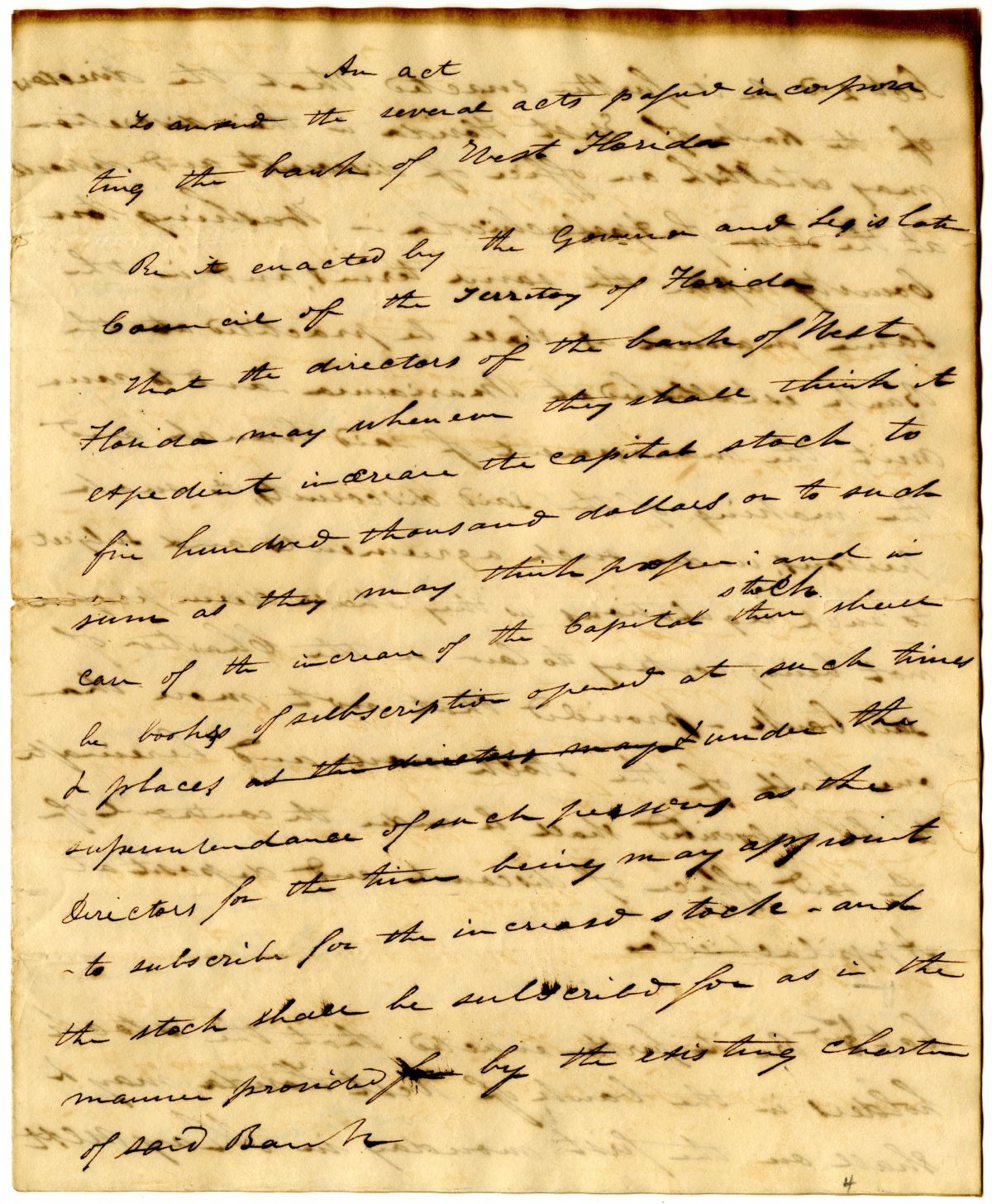 Draft of an Act Amending the Incorporating Articles of the Bank of West Florida, circa 1832