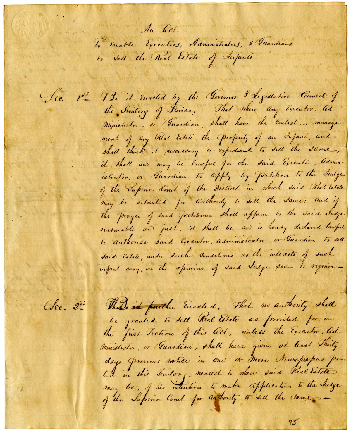 Draft of an Act to Enable Executors, Administrators and Guardians to Sell the Real Estate of Infants, 1836