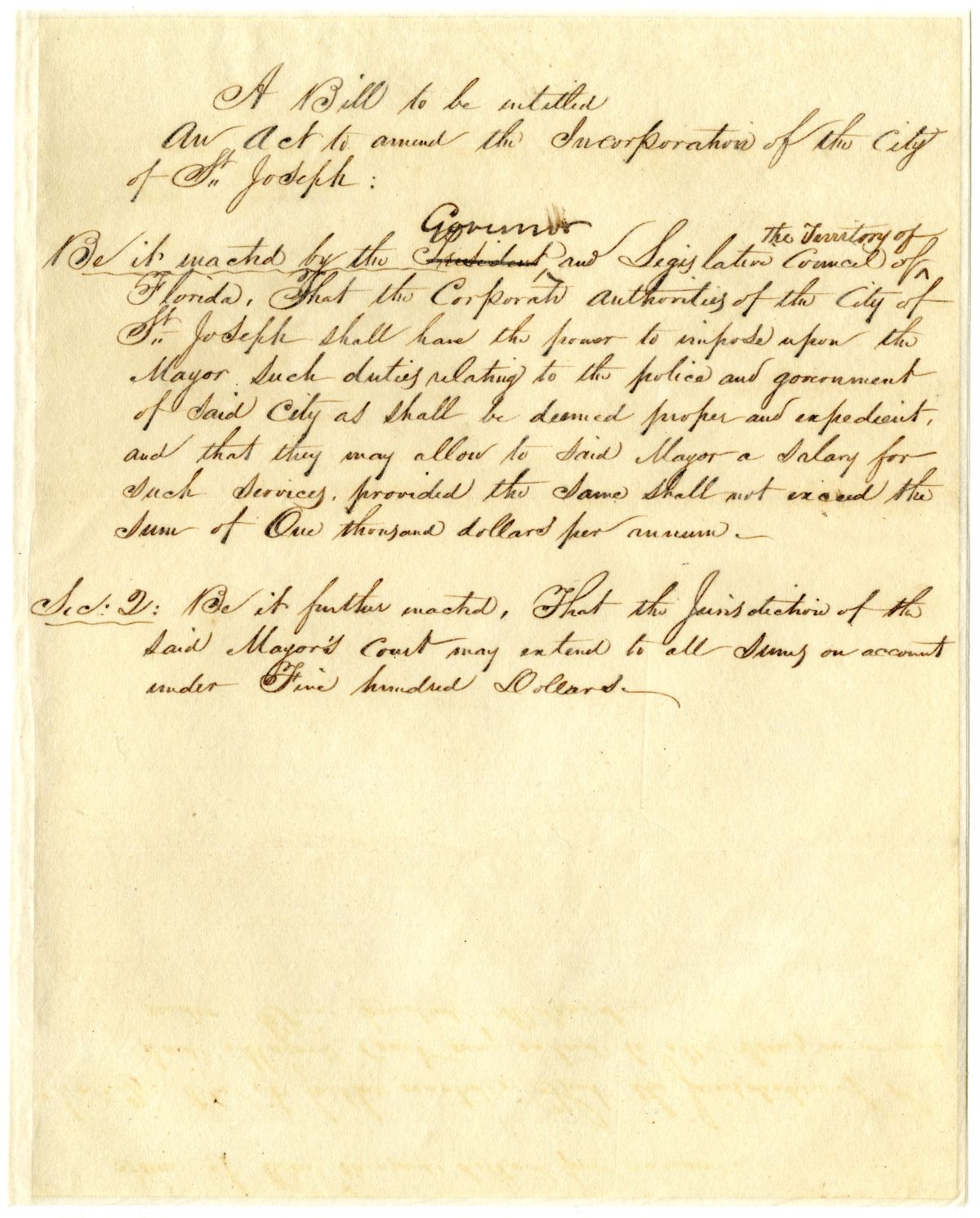 Draft of an Act to Amend the Incorporation of the City of Saint Joseph, 1837