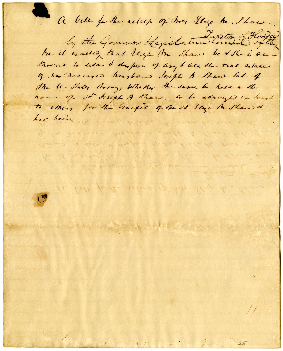 Draft of an Act for the Relief of Eliza M. Shaw, 1836