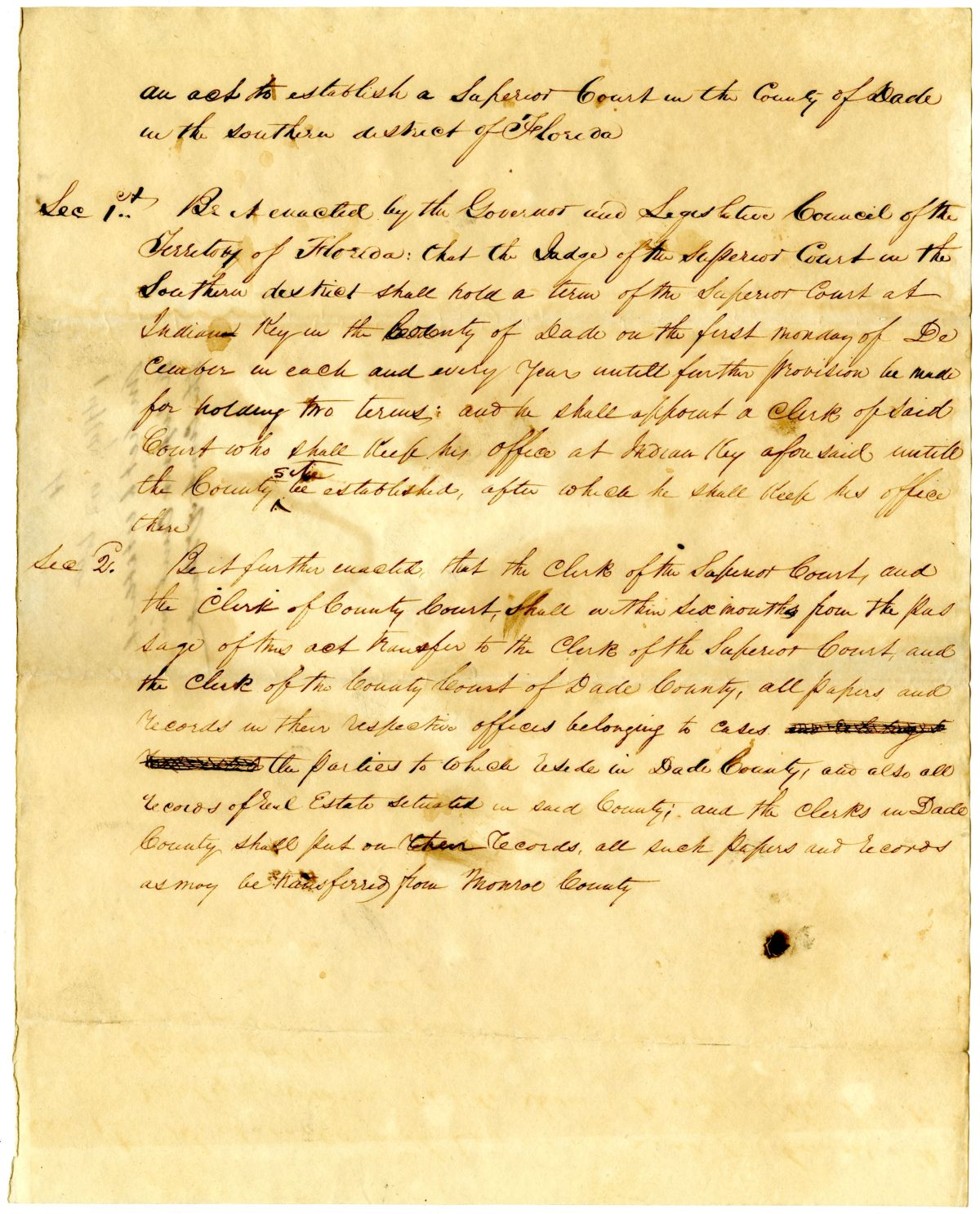 Draft of an Act to Establish a Superior Court in the County of Dade in the Southern District of Florida, 1837