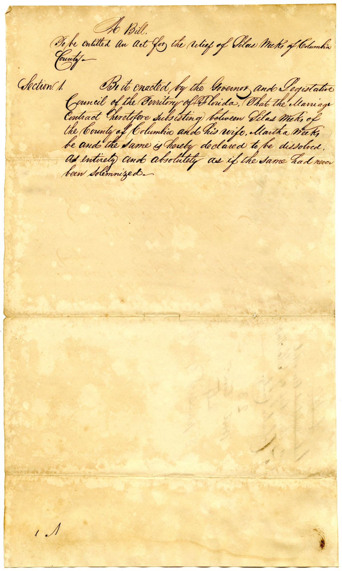 Draft of an Act for the Relief of Silas Weeks of Columbia County, 1837