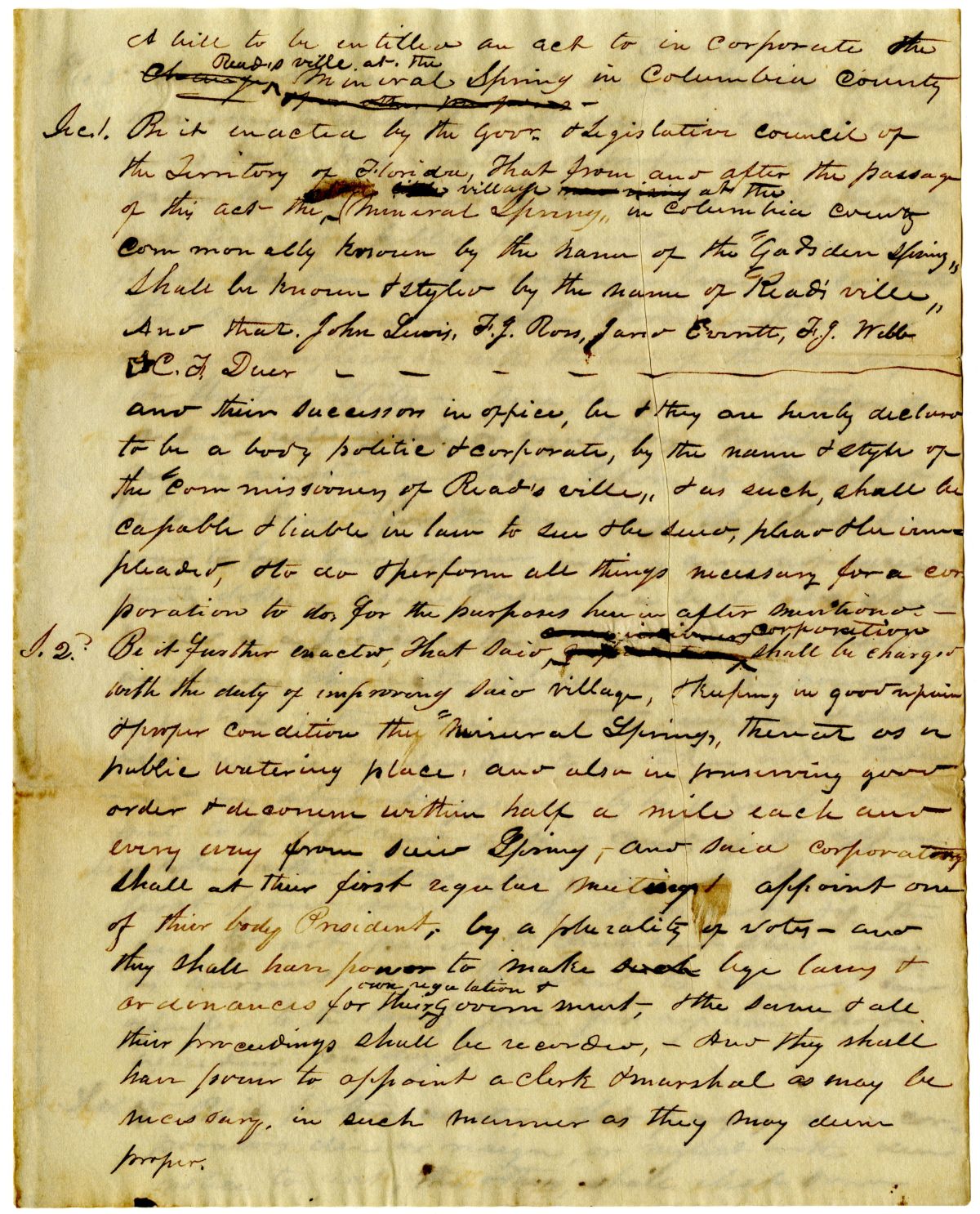 Draft of an Act to Incorporate Readsville at the Mineral Spring in Columbia County, 1837