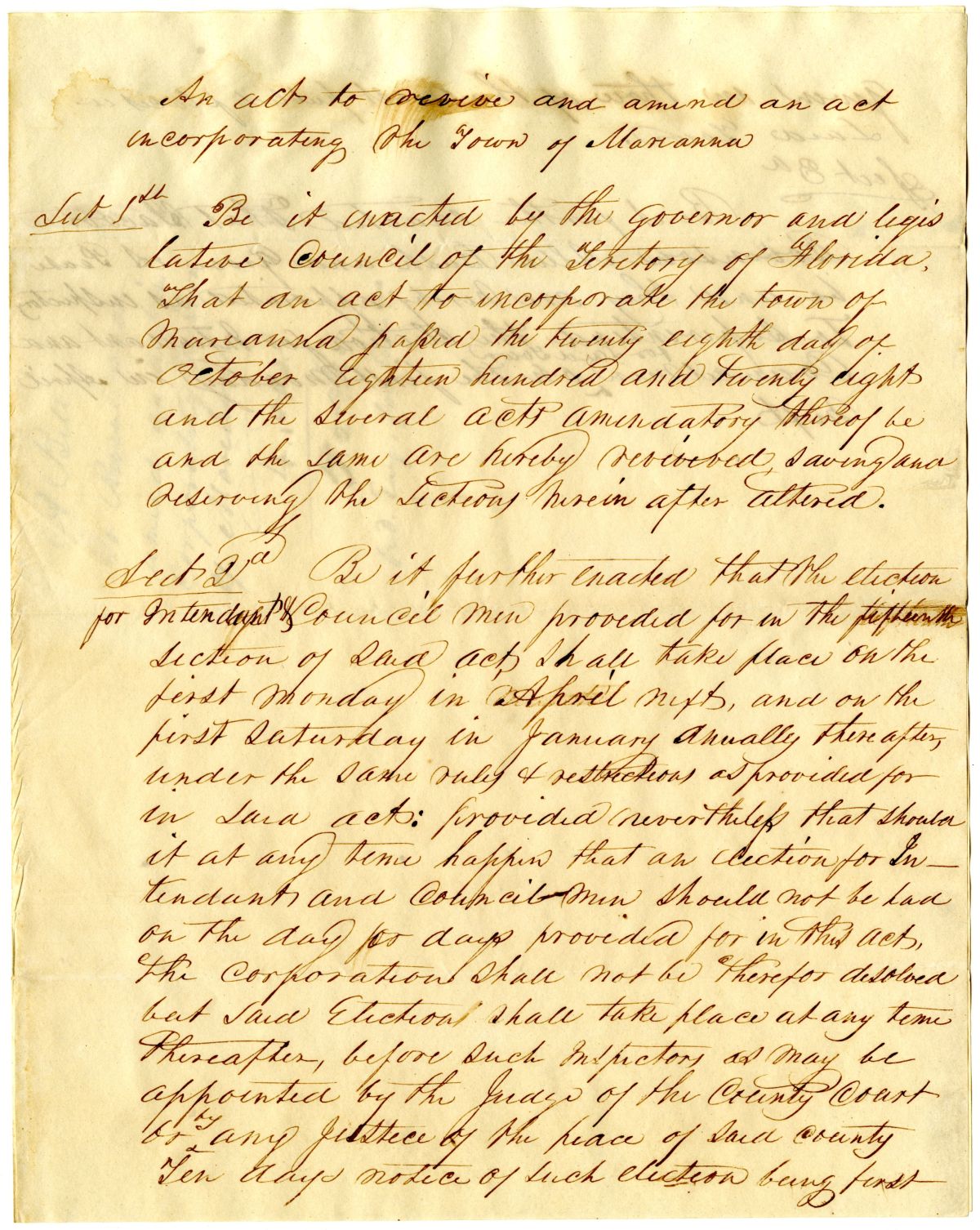 Draft of an Act to Revive and Amend an Act Incorporating the Town of Marianna, 1837