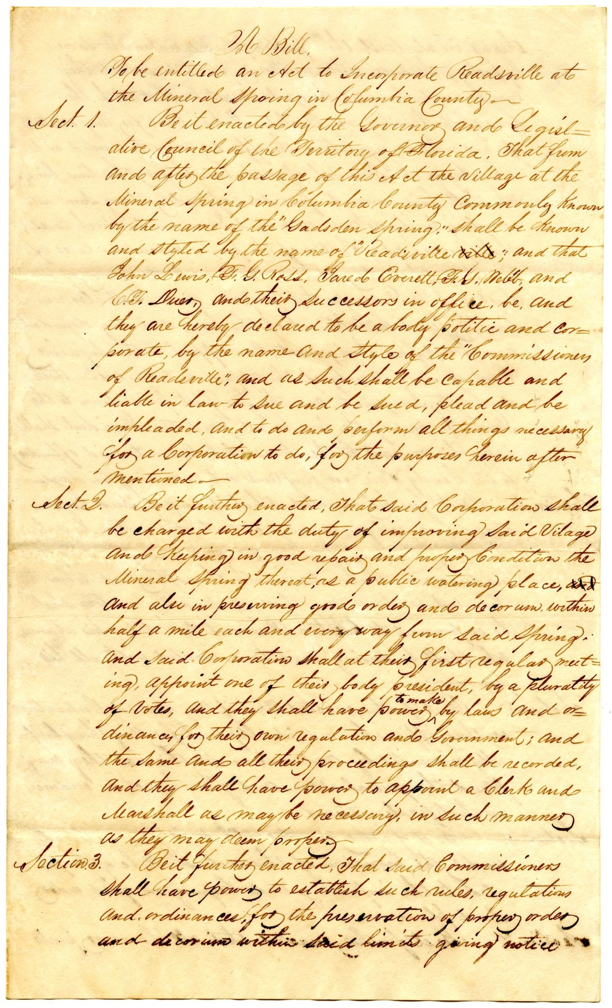 Draft of an Act to Incorporate Readsville at the Mineral Spring in Columbia County, 1837