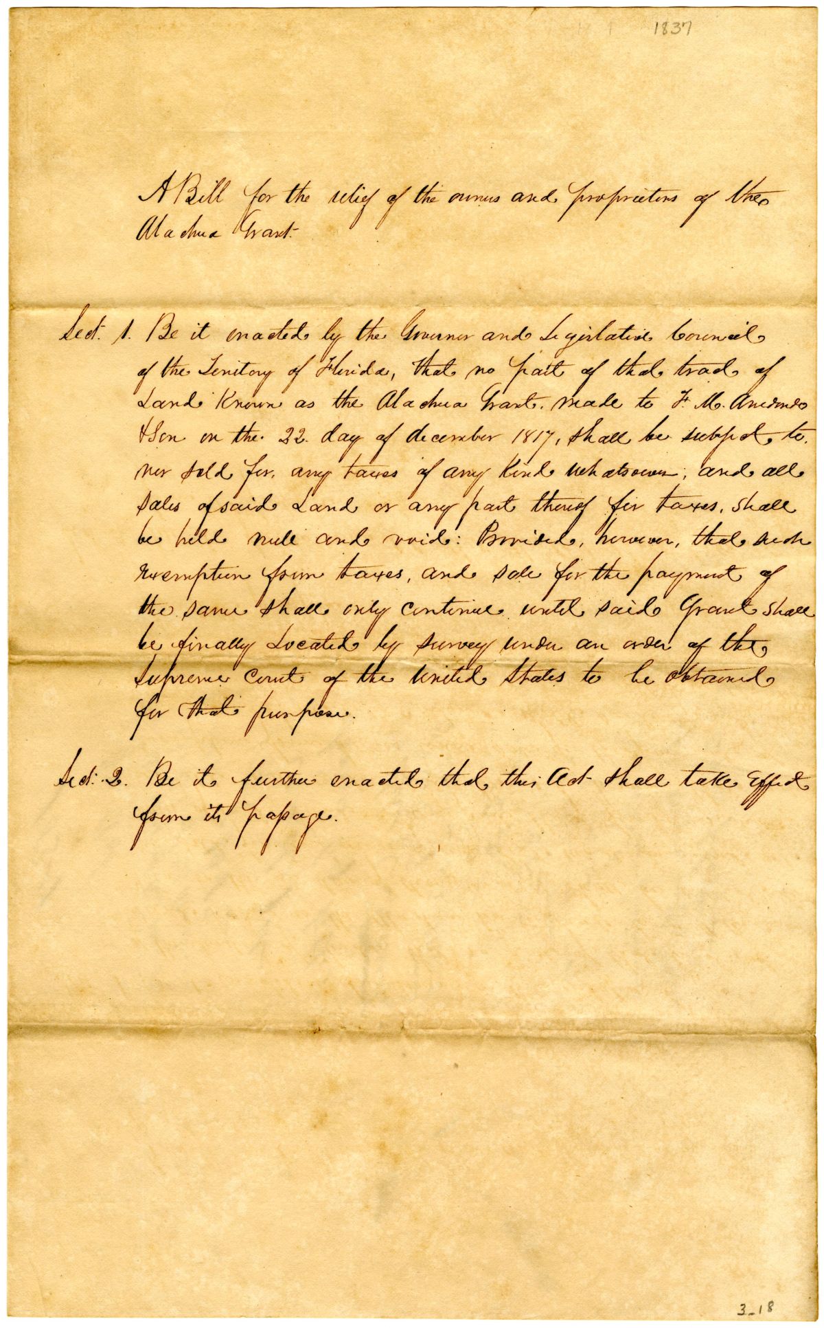 Draft of an Act Suspending Property Taxes for Lands Within the Alachua or Arredondo Grant, circa 1831