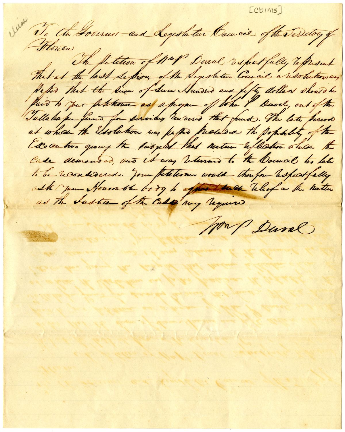 Petition of William Pope Duval to the Territorial Government Concerning the Claim of John P. Duval, circa 1837