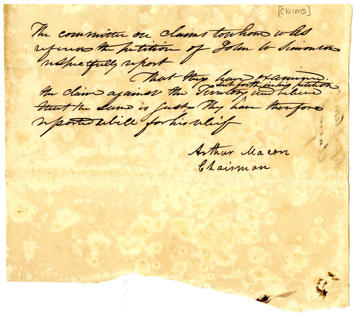 Report of the Committee on Claims Concerning the Petition of John W. Simonton, circa 1837