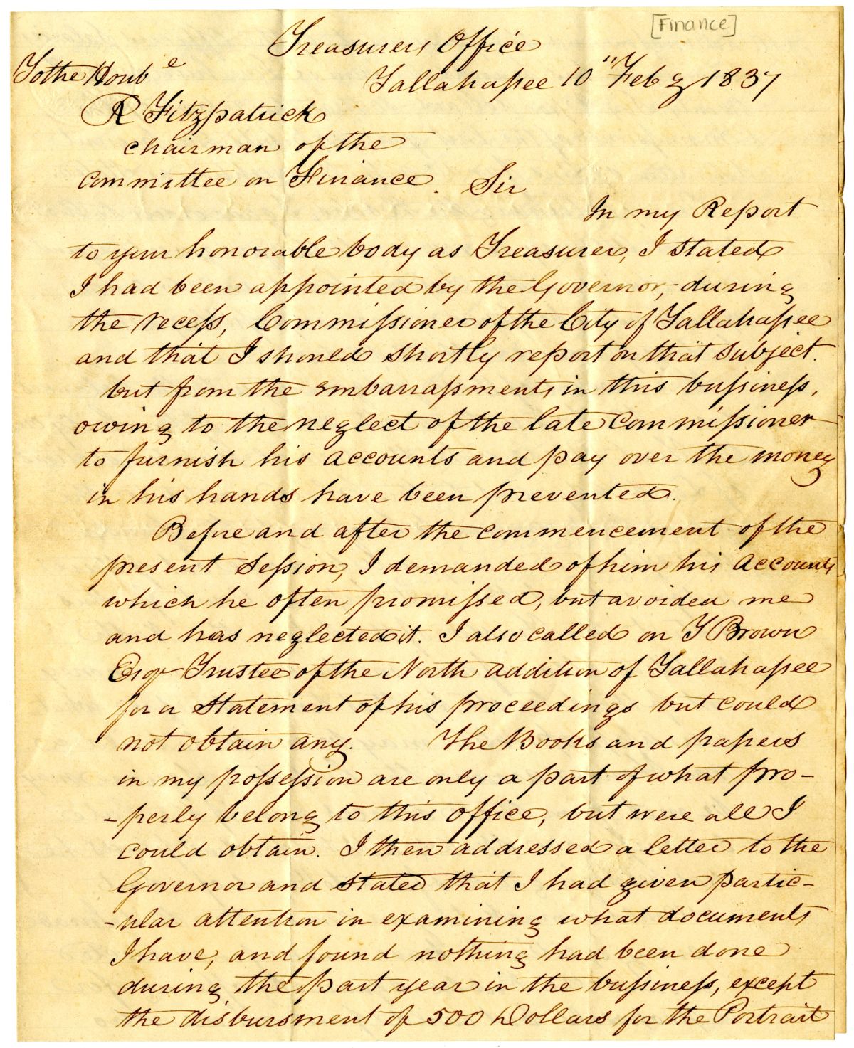 Letter From Charles Austin to R. Fitzpatrick Concerning the Commissioner of the City of Tallahassee, 1837