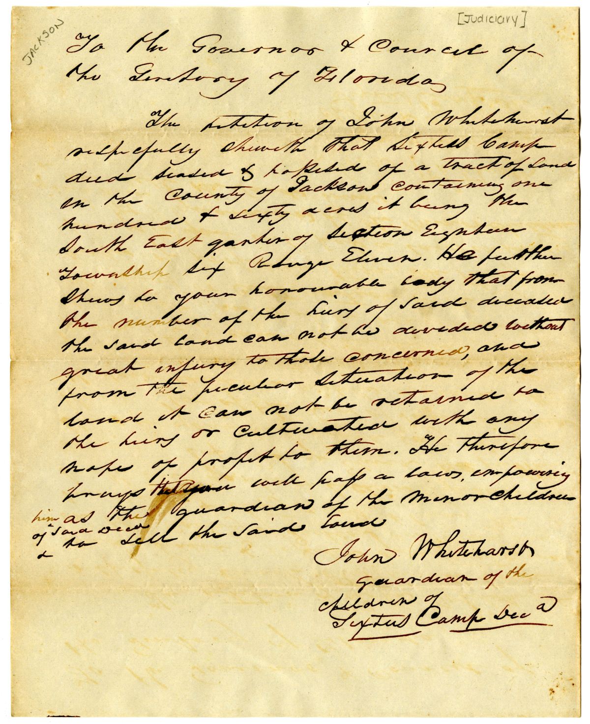 Petition of John Whitehurst Requesting Permission to Sell Land for the Benefit of the Heirs of Sextus Camp, circa 1837