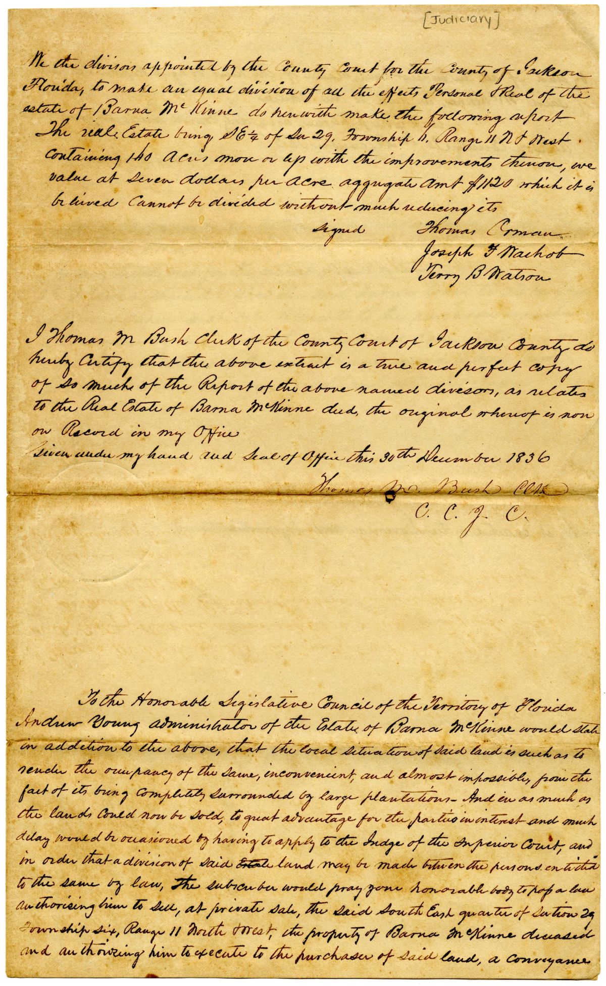 Petition of Andrew Young Requesting to Sell Land Belonging to the Estate of Barna McKinne with Draft of an Act Authorizing the Same, 1836